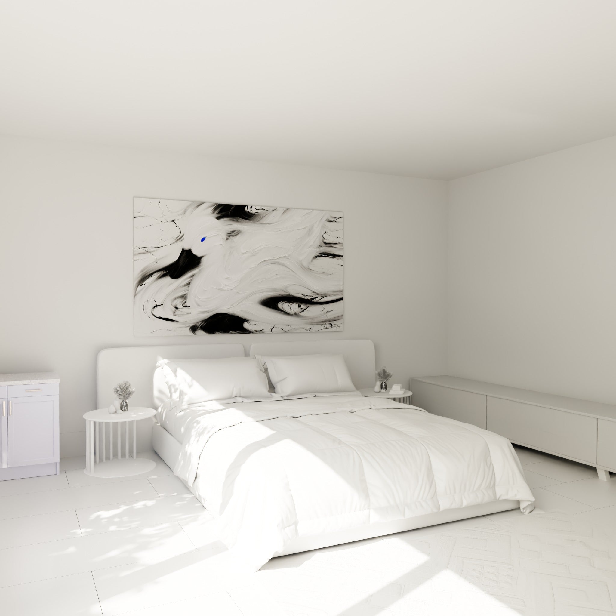 Silhouette de canard blanc et noir aux courbes fluides, accrochée au-dessus d'un lit dans une chambre claire