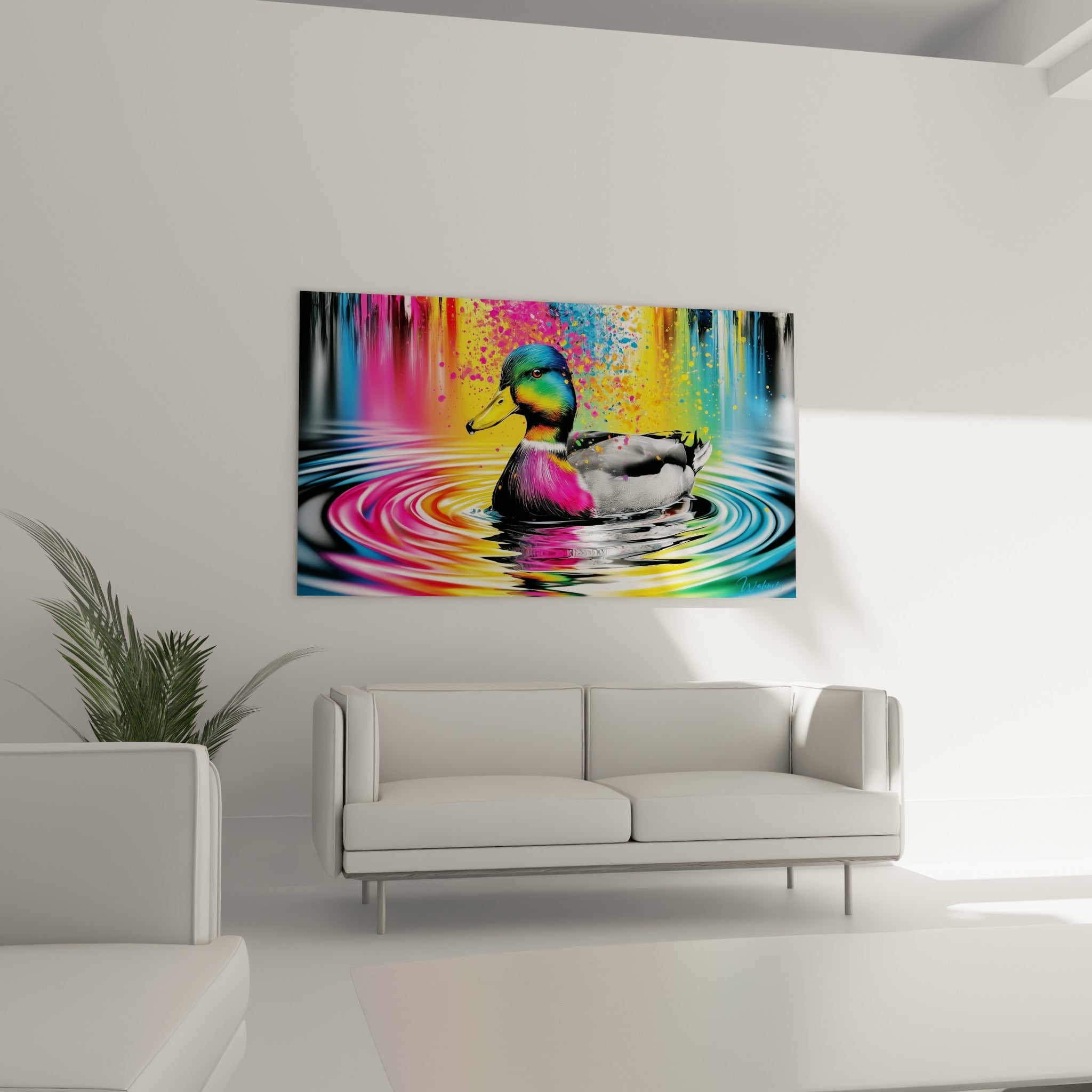 Colvert noir et blanc traversé d'éclats roses et jaunes, au-dessus d'un canapé dans un salon lumineux