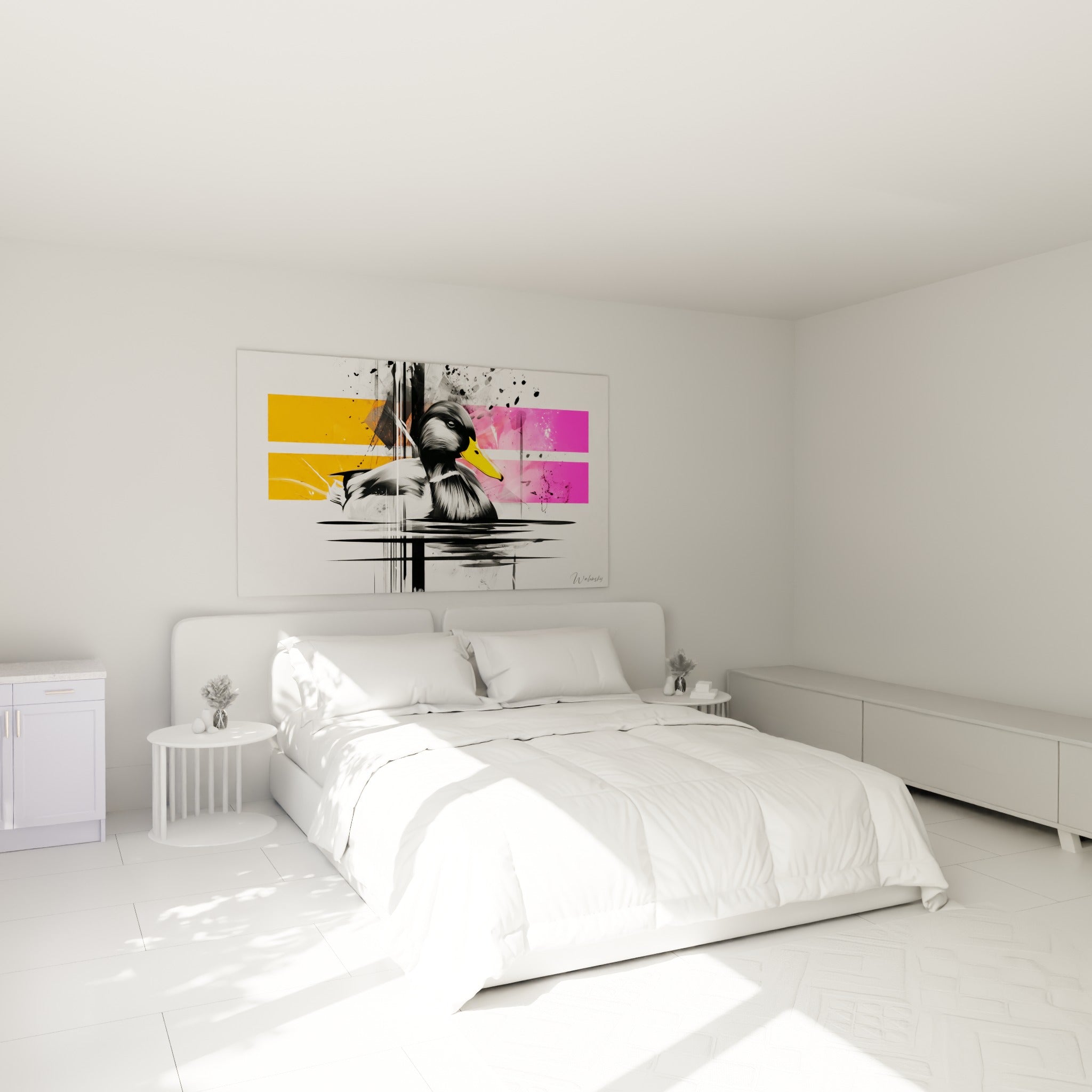 Volatile réaliste aux tons anthracite et corail, accroché au-dessus d'un lit dans une chambre claire