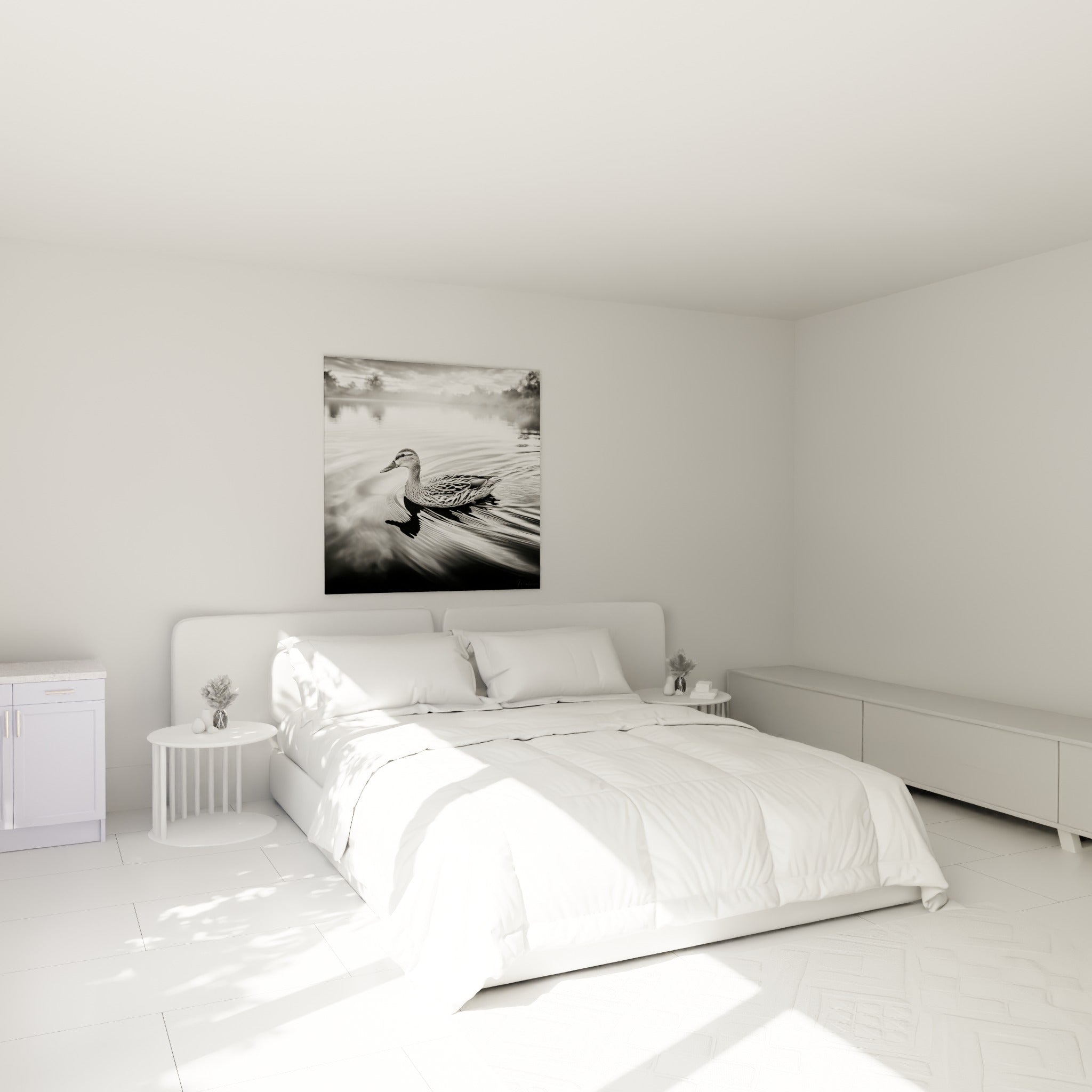 Sillage discret du canard sur une eau grise et blanche, au-dessus d'un lit dans une chambre claire.