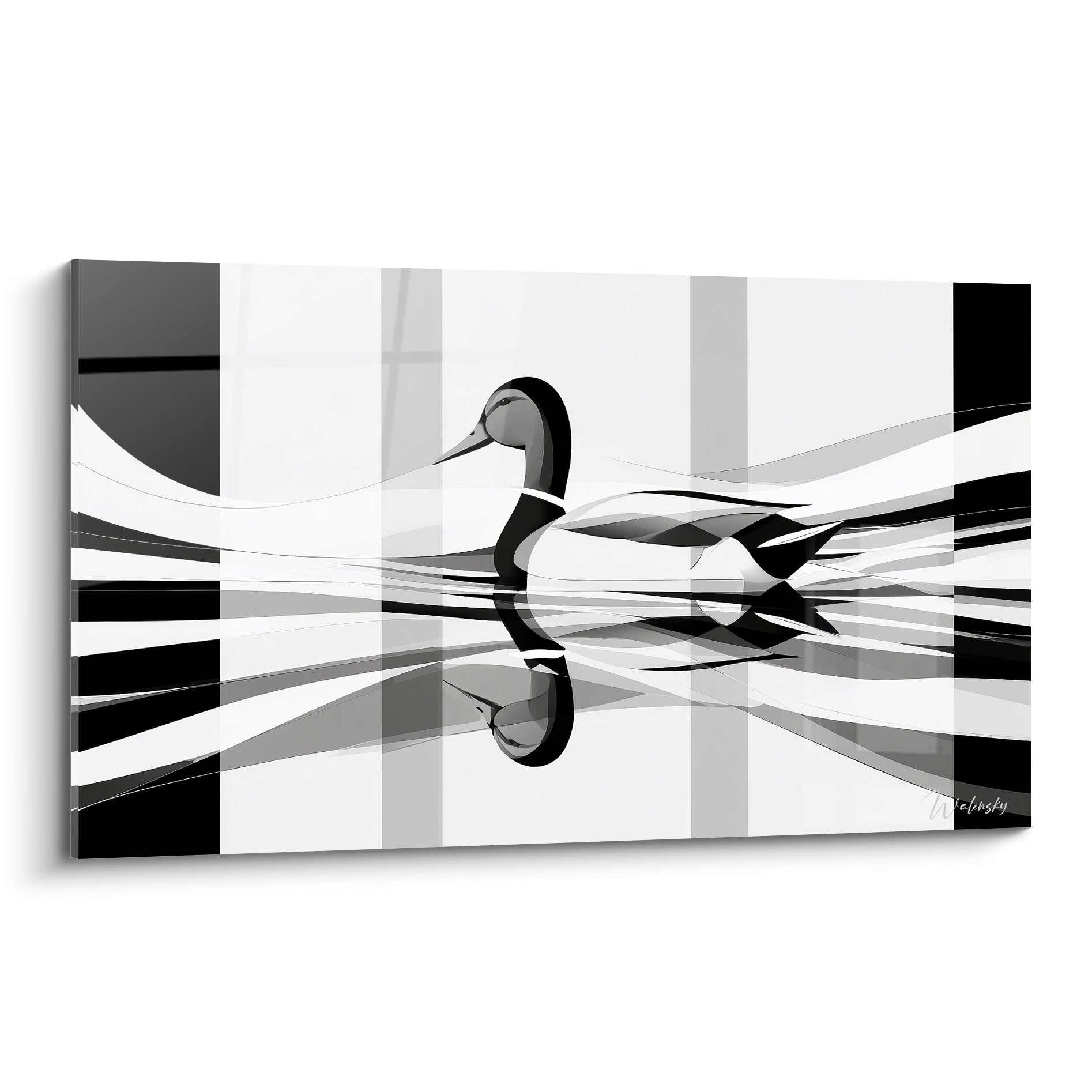 Canard noir et blanc glissant sur un sillage graphique fait de vagues anthracite et grises