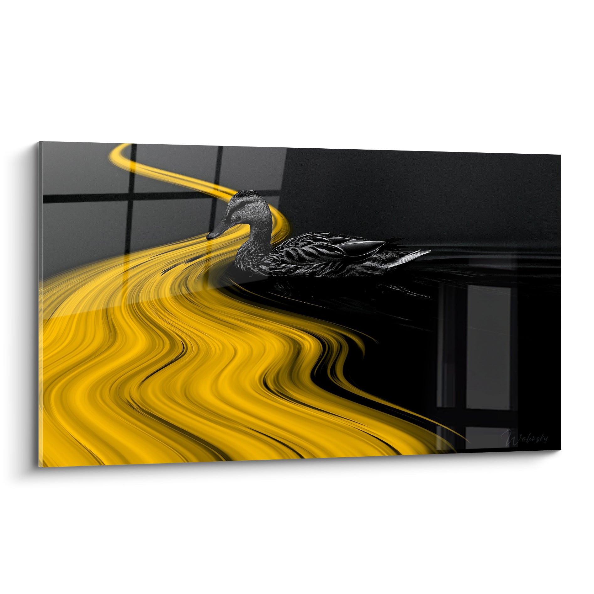 Canard anthracite flottant sur des vagues jaune moutarde et noires tourbillonnantes en tons contrastés