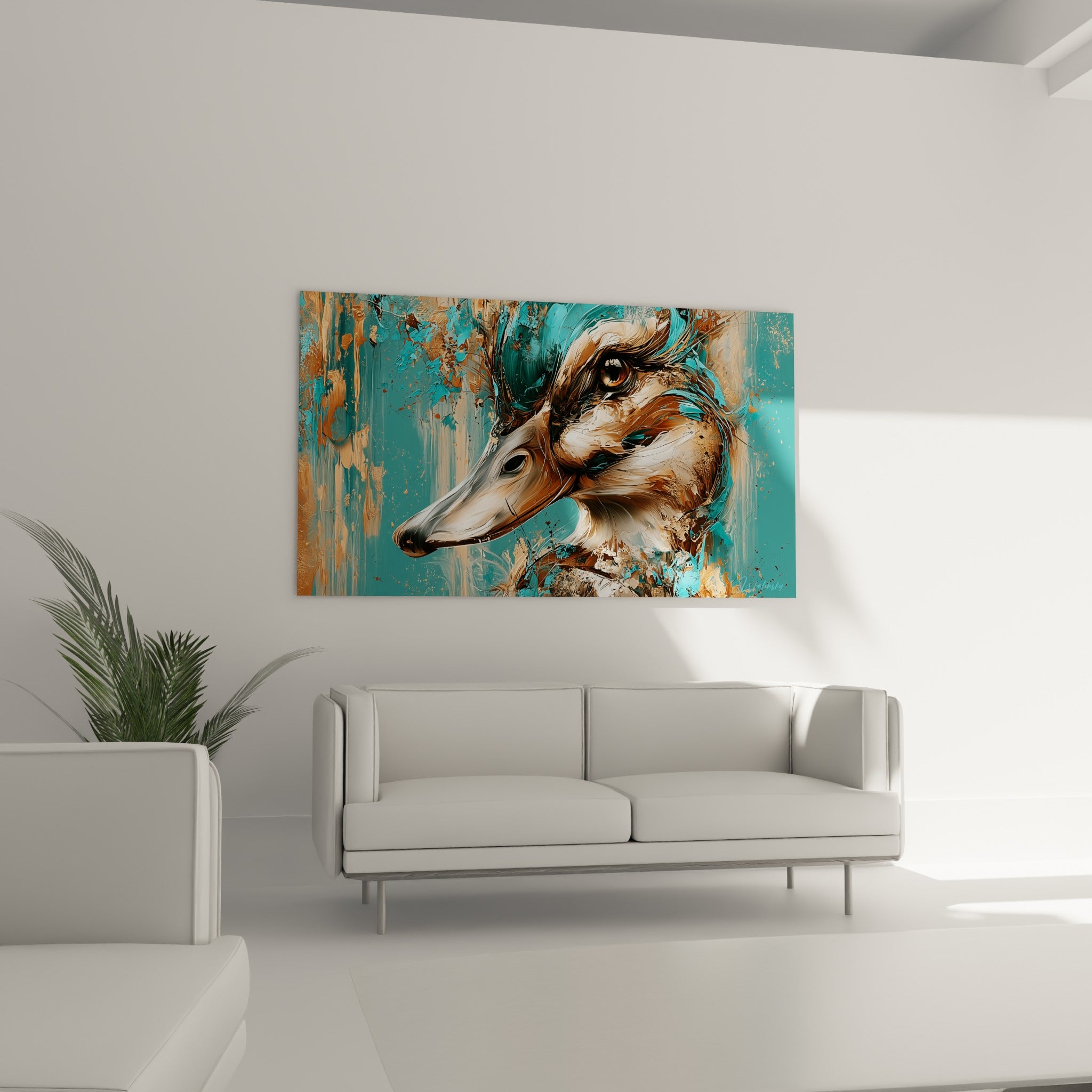 Canard aux tons ocre et anthracite, regard vif, positionné au-dessus d'un canapé dans un salon lumineux