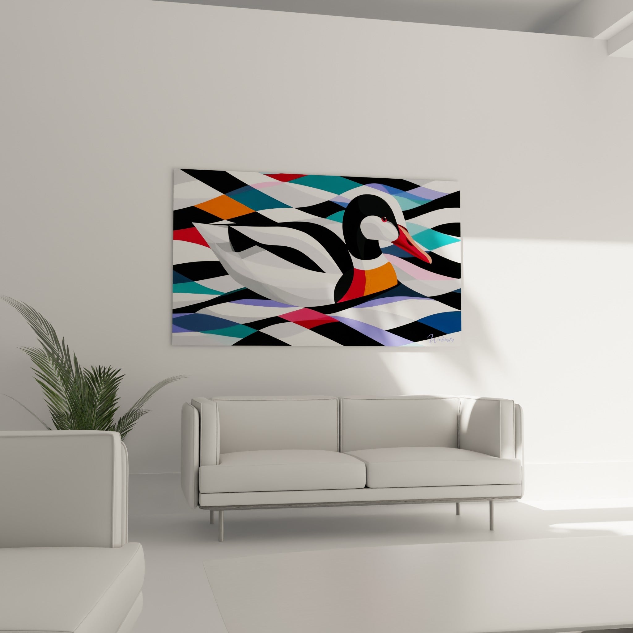 Motif graphique d'un canard ocre et anthracite accroché au-dessus d'un canapé dans un salon lumineux