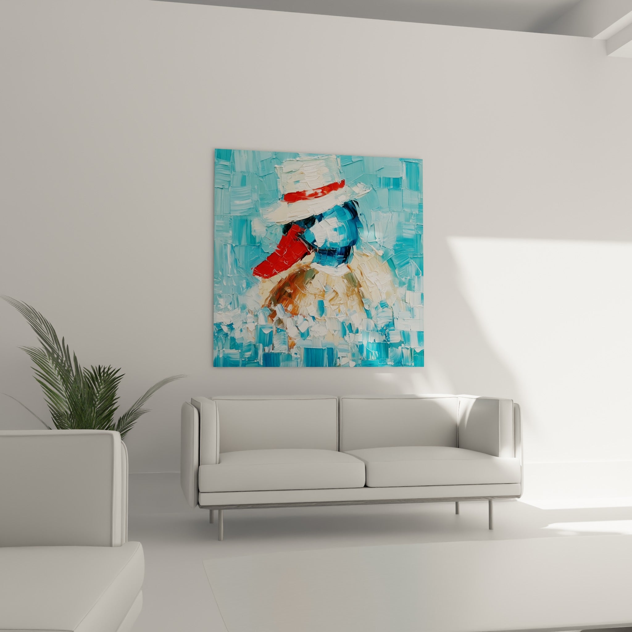 Canard silhouette ocre et bleu marine sous chapeau blanc, au-dessus d'un canapé dans un salon lumineux
