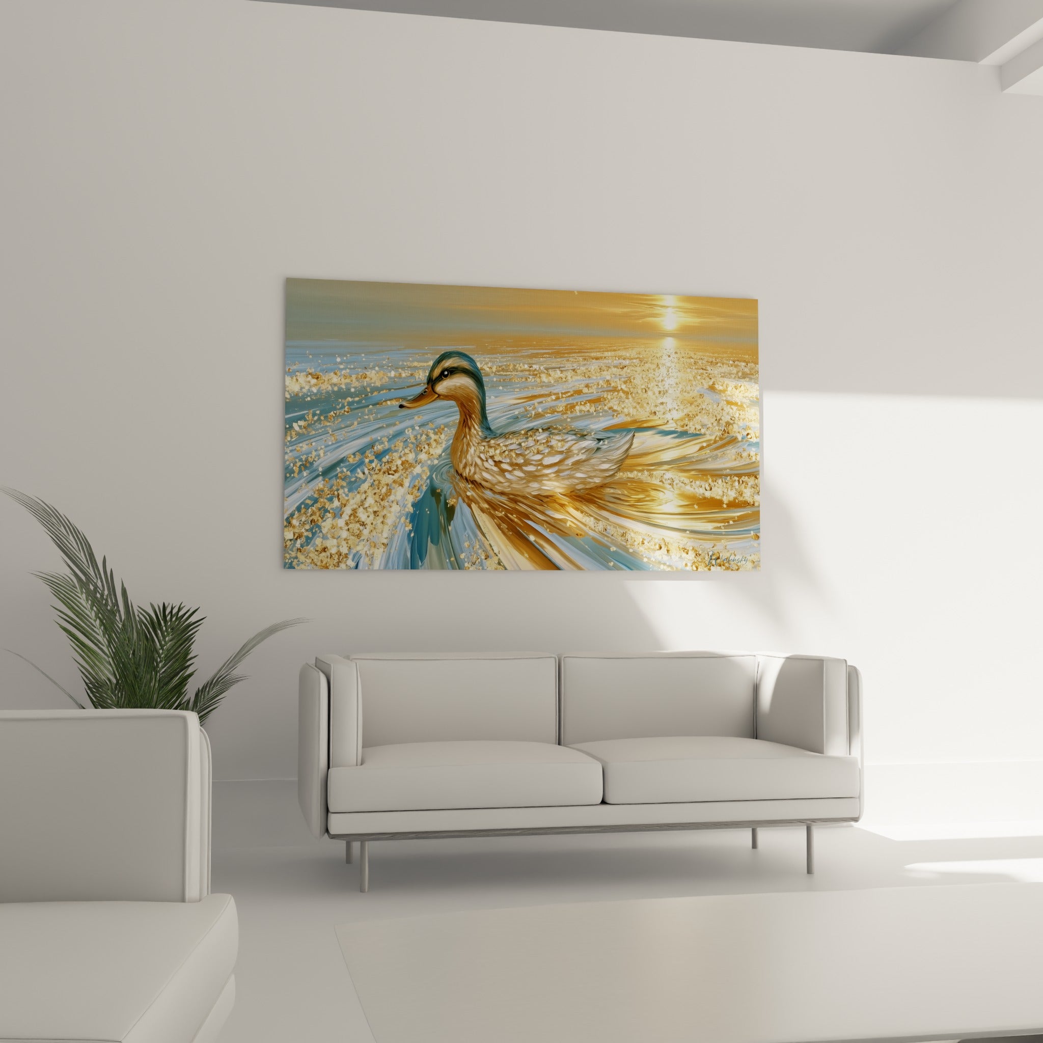 Oiseau aquatique aux tons ocre et bleu nageant dans une lumière dorée, au-dessus d'un canapé dans un salon lumineux