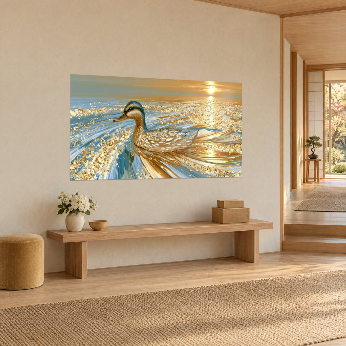 Tableau palmipède aux ailes nacrées glissant vers un soleil couchant orangé, reflets dorés sur l'eau bleue, accroché dans une entrée japandi