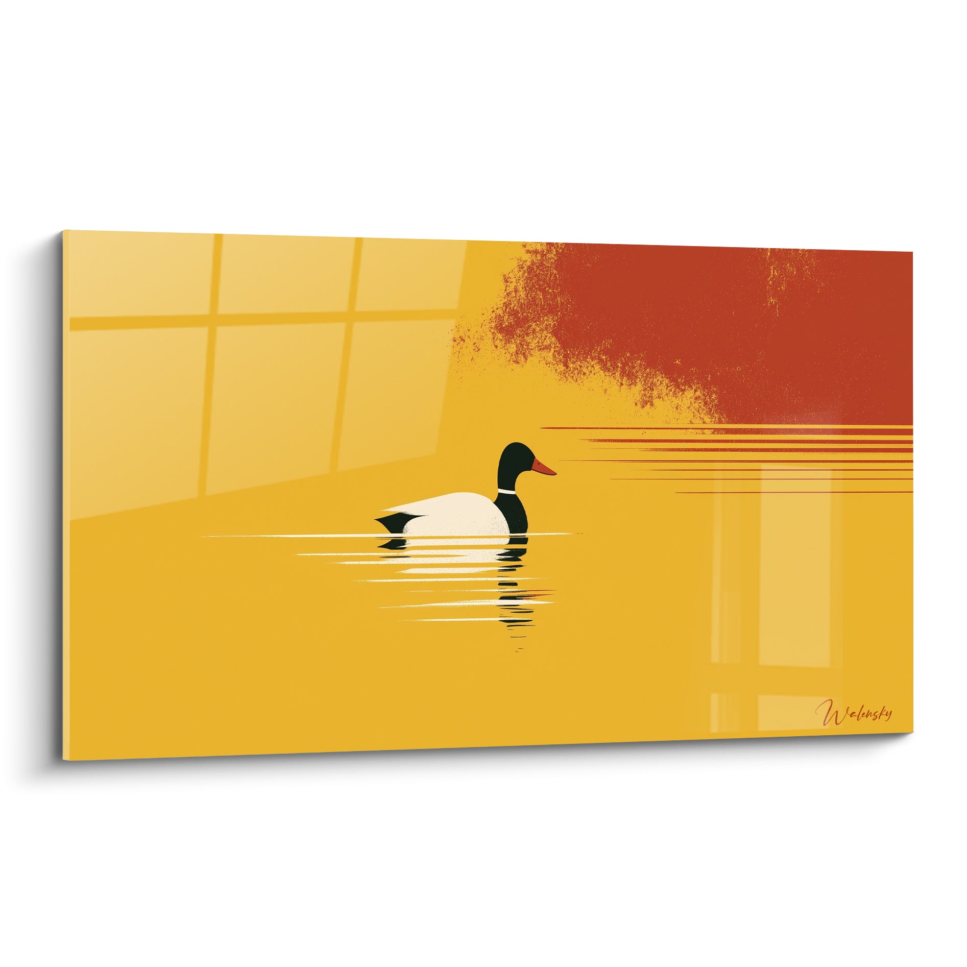 Canard au col noir glisse sur une eau ocre, fond rouge terracotta texturé en arrière-plan