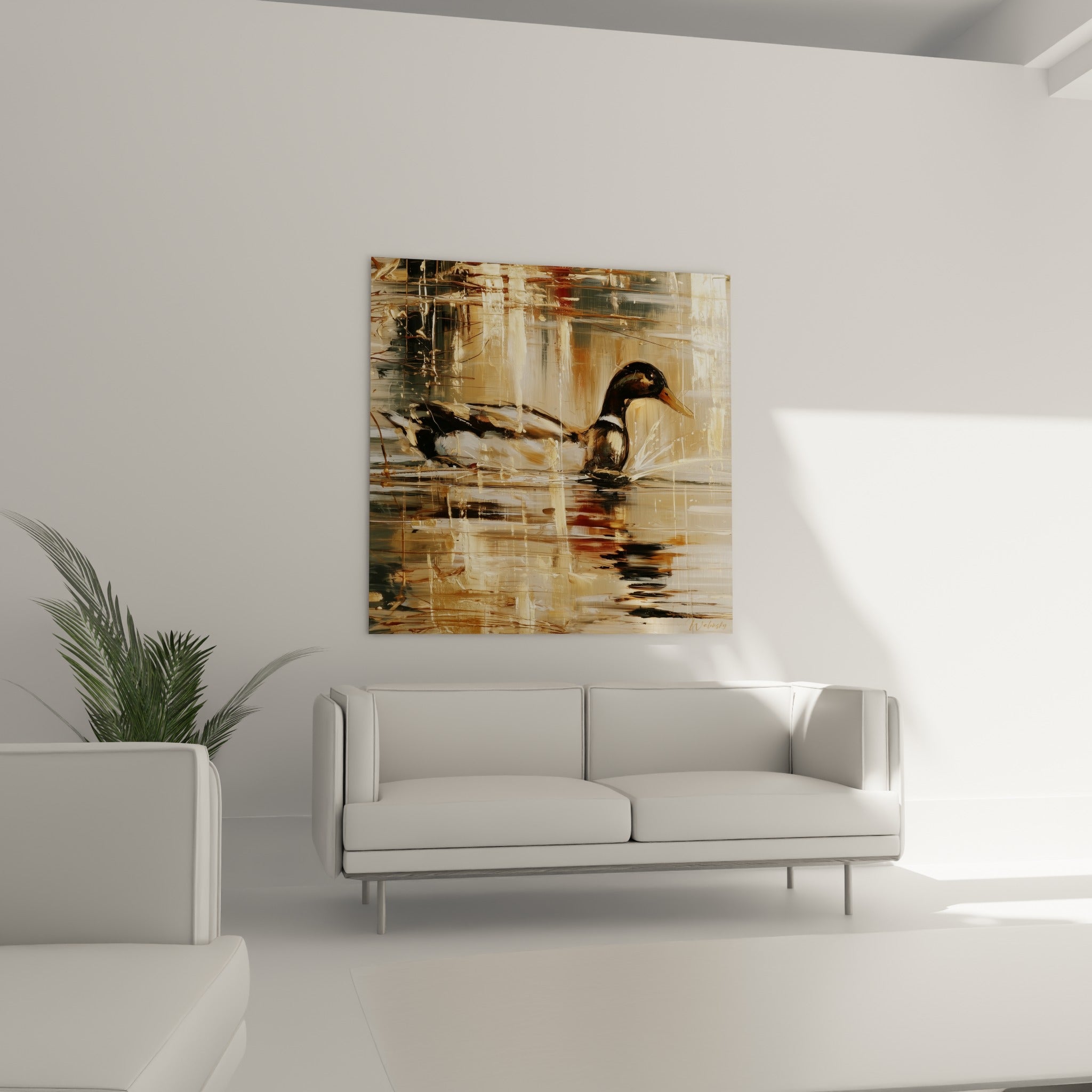 Nage paisible du canard aux tons ocre et bruns, au-dessus d'un canapé dans un salon lumineux