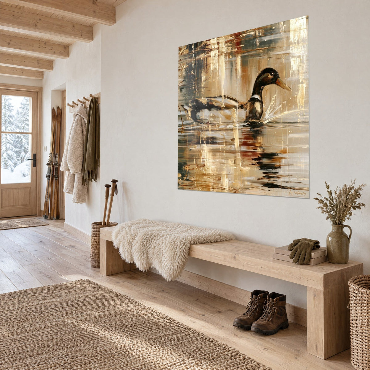 Tableau canard au bec orangé, collier blanc et coups de couteau beige et noir, dans une entrée en bois clair de chalet