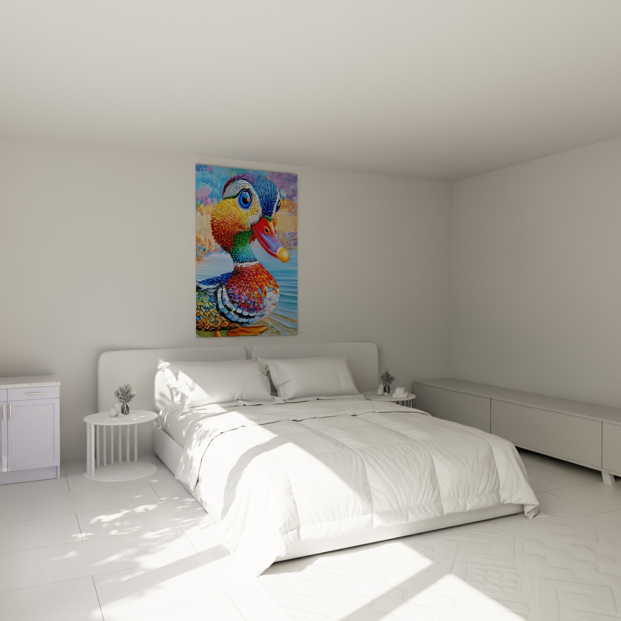 Canard mandarin doré et rouge vermillon au-dessus d'un lit dans une chambre claire