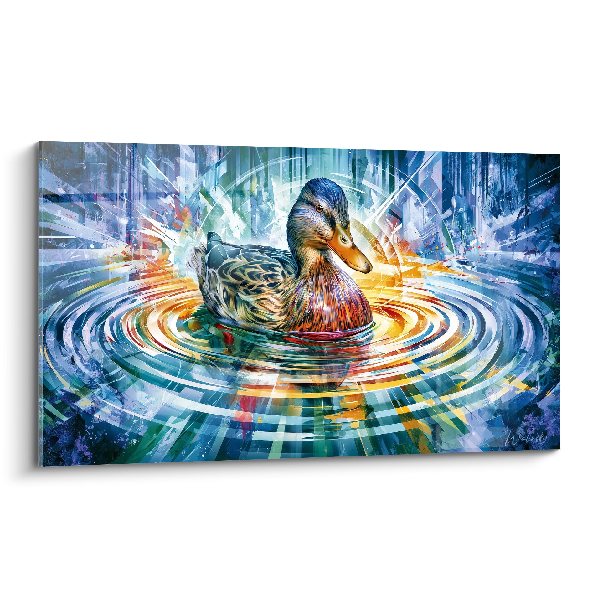 Canard aux reflets bruns et dorés nageant au centre d'ondes concentriques bleu marine et turquoise