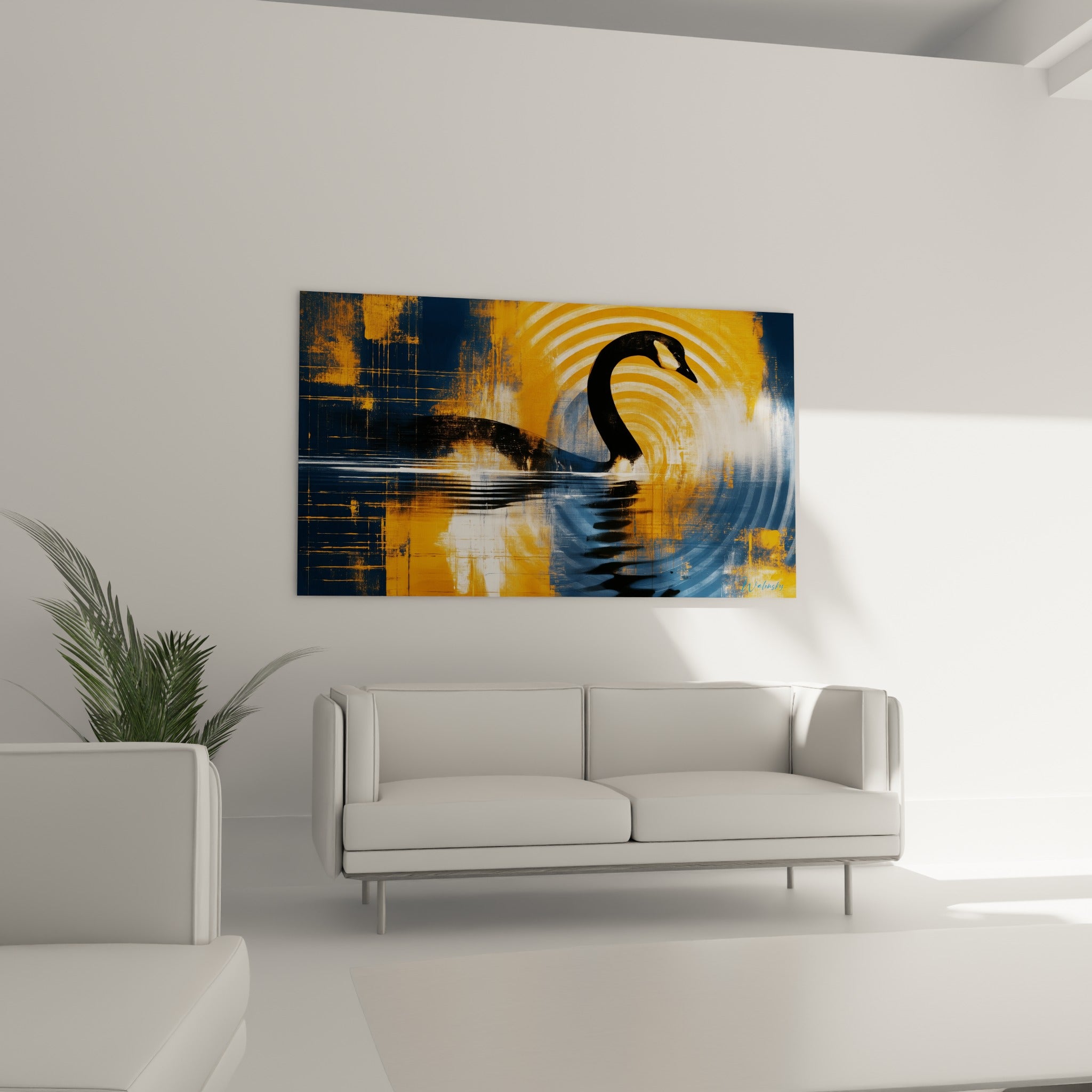 Oiseau noir glissant sur des ondes orangées et bleu nuit, au-dessus d'un canapé dans un salon lumineux