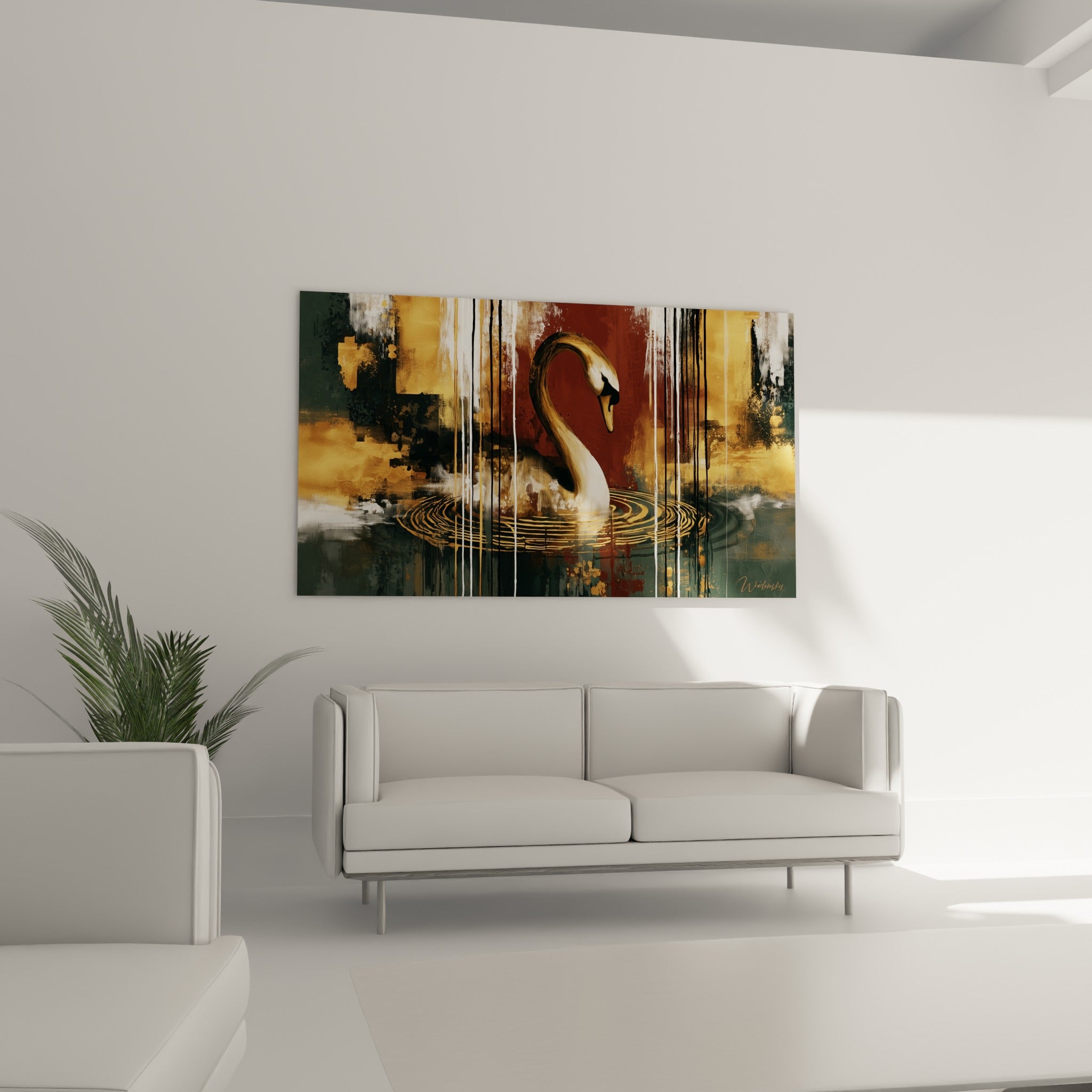 Cygne blanc et or glissant sur l'eau rouille, au-dessus d'un canapé dans un salon lumineux