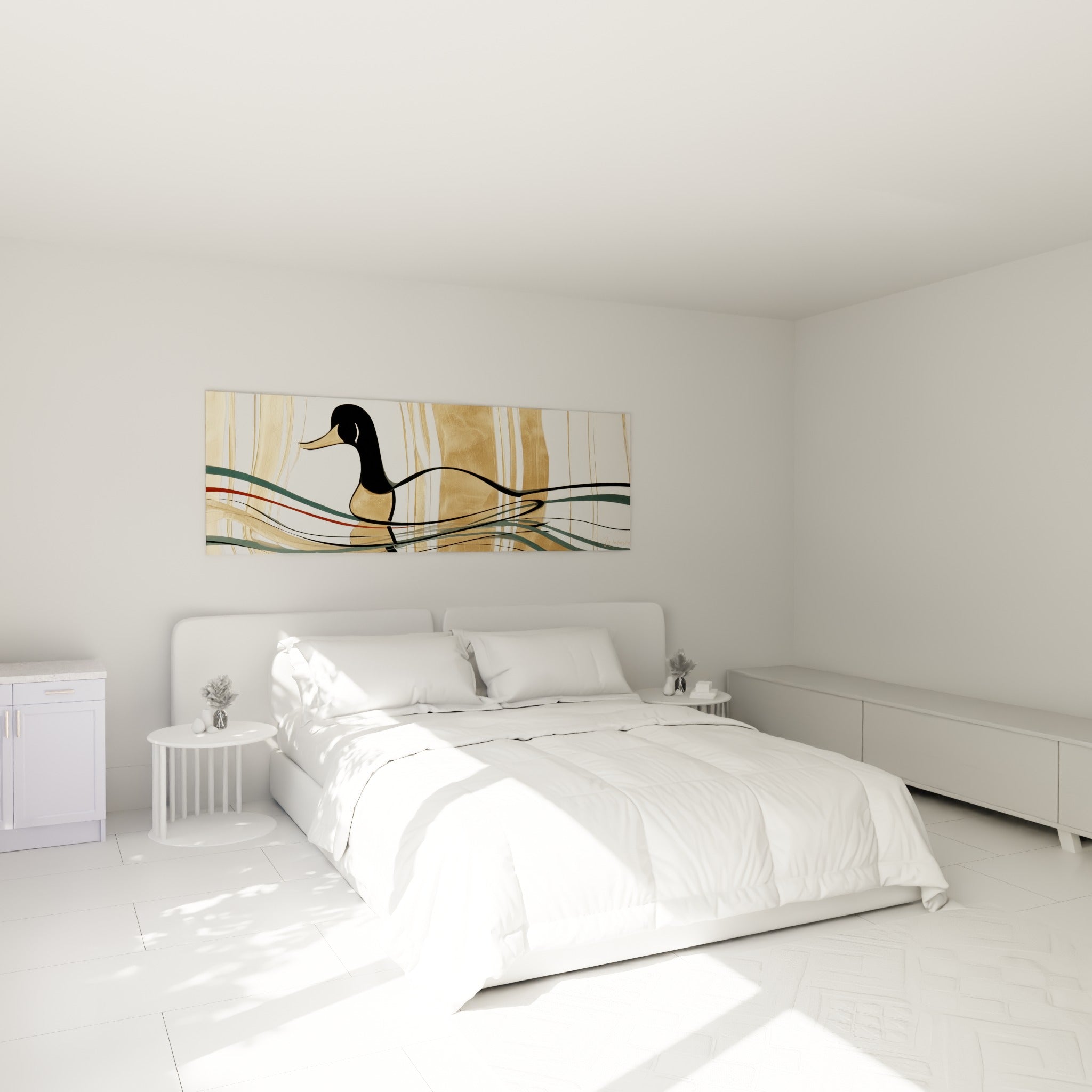 Silhouette de canard doré et noir aux lignes ondulées, au-dessus d'un lit dans une chambre claire