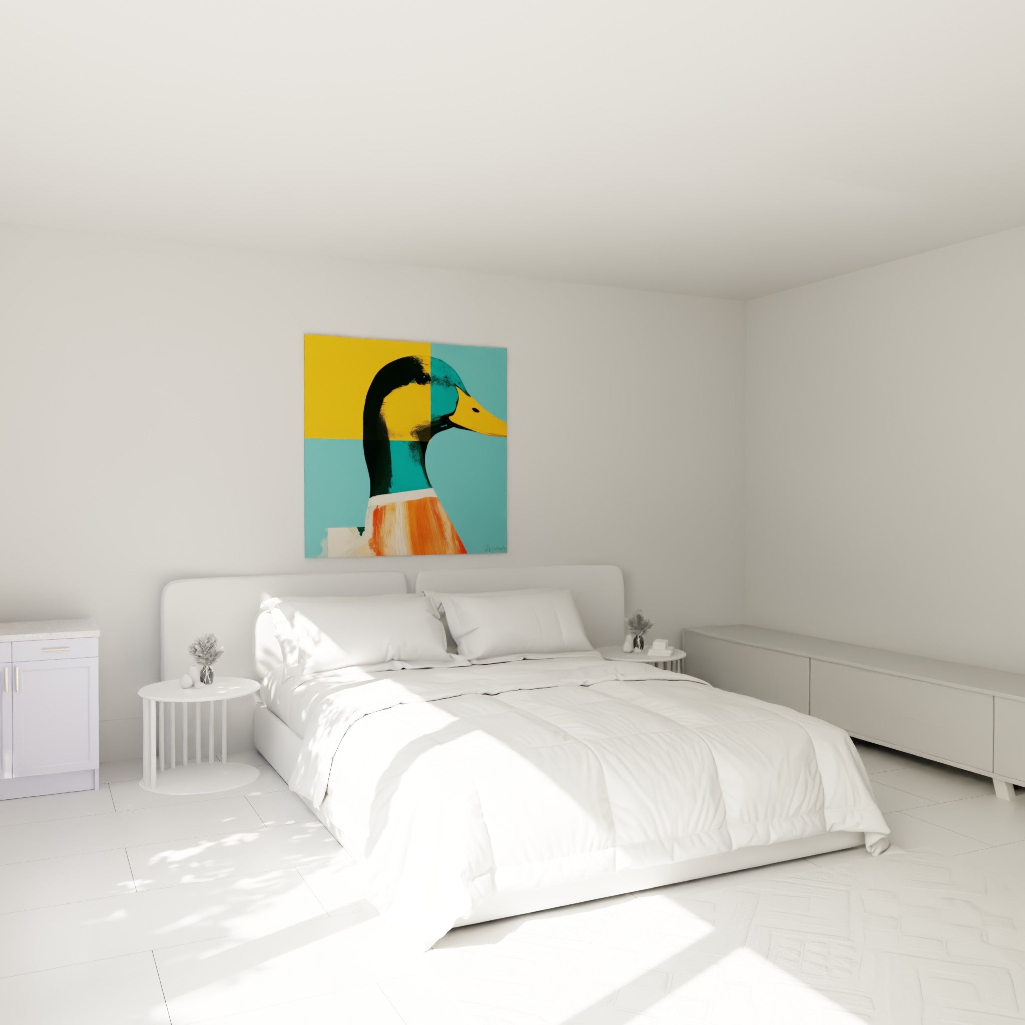 Silhouette de canard émeraude et orange accrochée au-dessus d'un lit dans une chambre claire