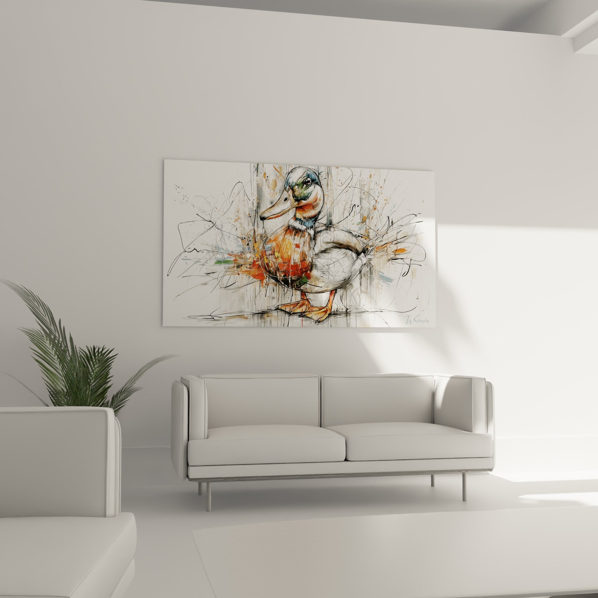 Silhouette du canard vert et orange, disposée au-dessus d'un canapé dans un salon lumineux