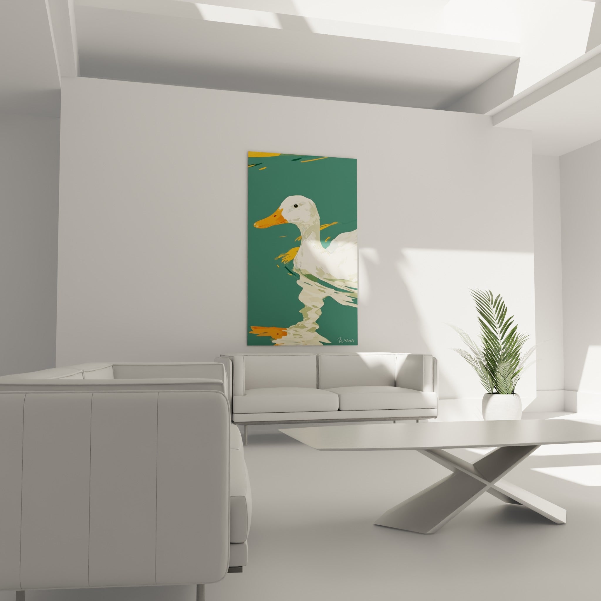 Canard blanc au bec orange vif flottant sur l'eau, positionné au-dessus d'un canapé dans un salon lumineux