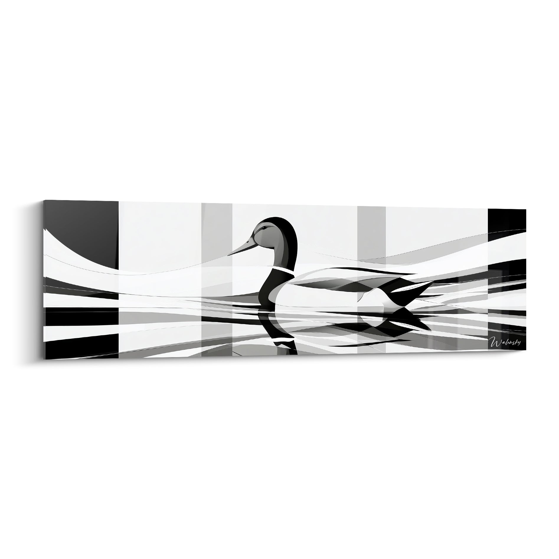 Canard pilet stylisé en noir, blanc et gris, bandes verticales et reflets d'eau graphiques