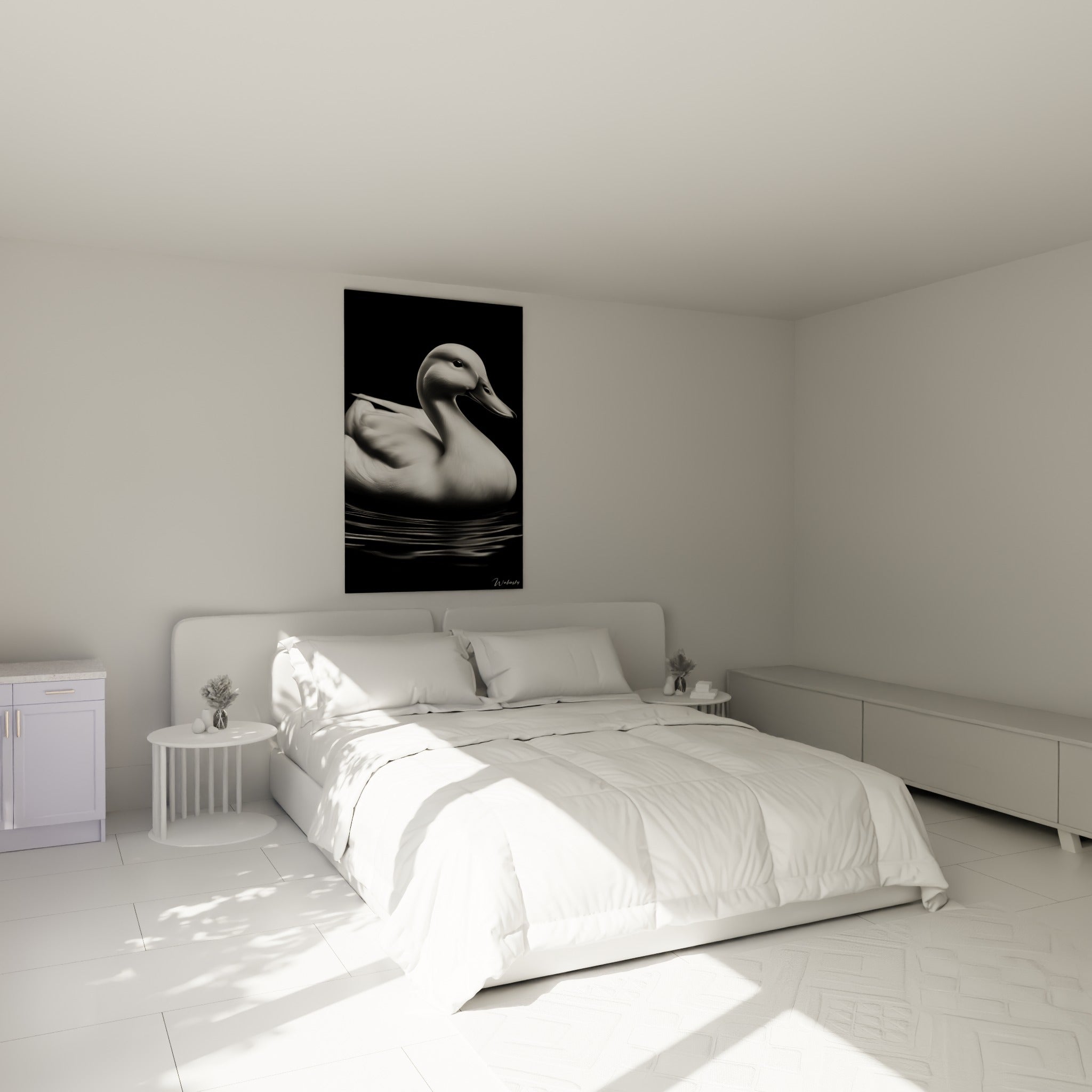 Volatile blanc et gris nageant sur fond noir, accroché au-dessus d'un lit dans une chambre claire
