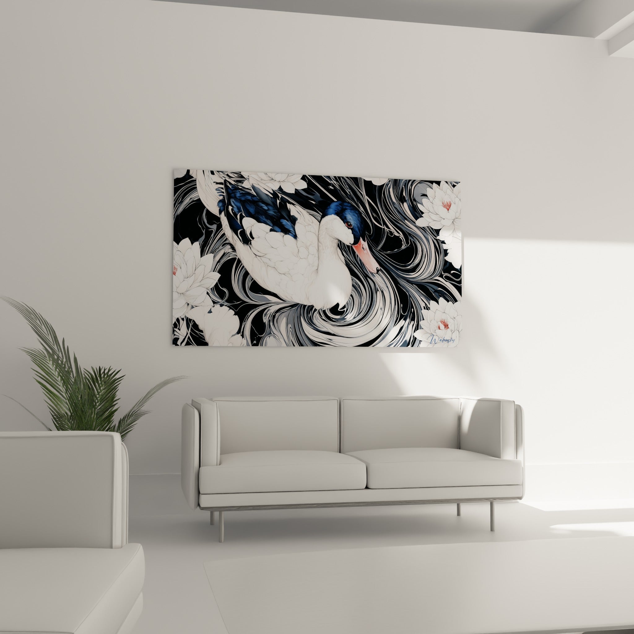 Plumage blanc et bec orangé du canard se détachant sur fond noir, au-dessus d'un canapé dans un salon lumineux