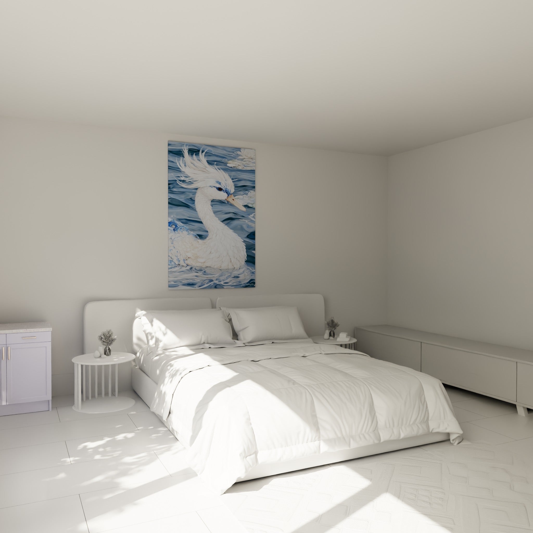 Silhouette de canard blanc et bleu marine, plumes soulevées, au-dessus d'un lit dans une chambre claire