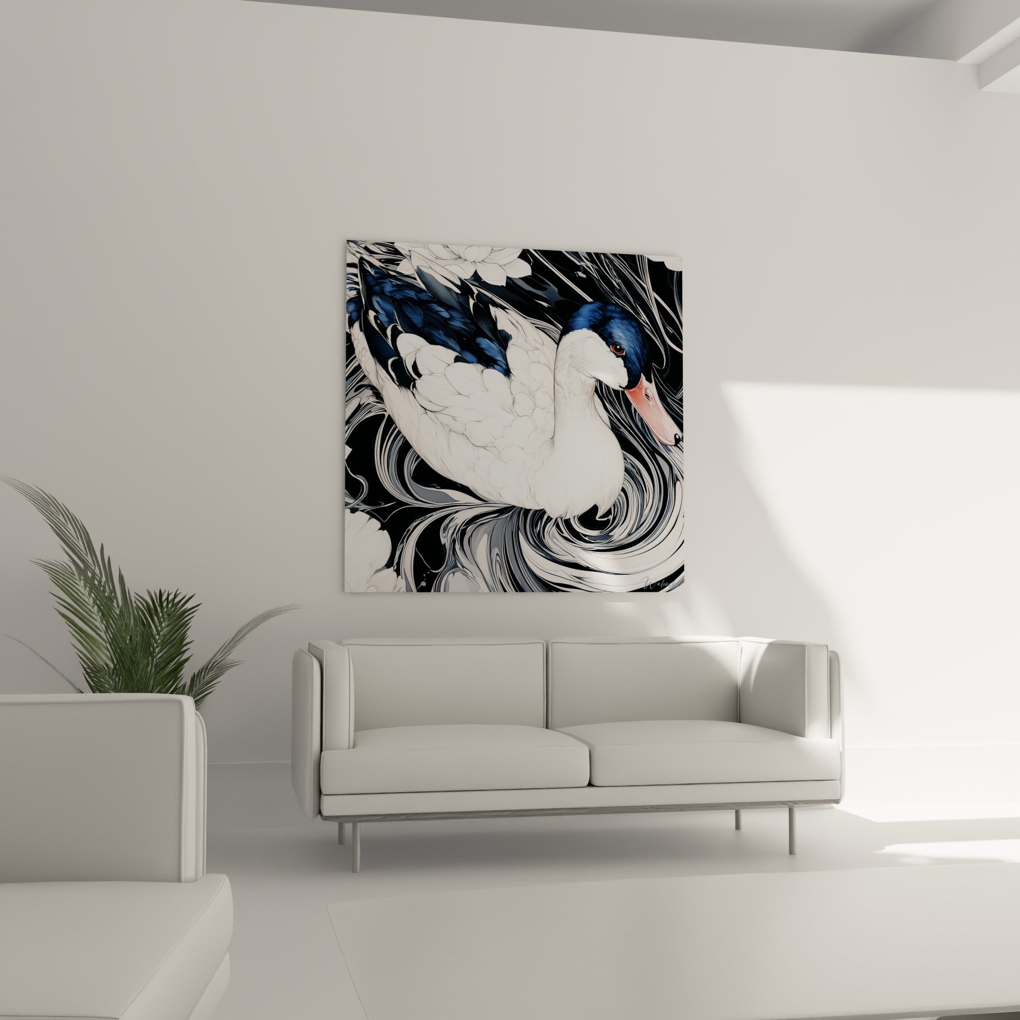 Plumage blanc et bleu marine du canard corail suspendu au-dessus d'un canapé dans un salon lumineux