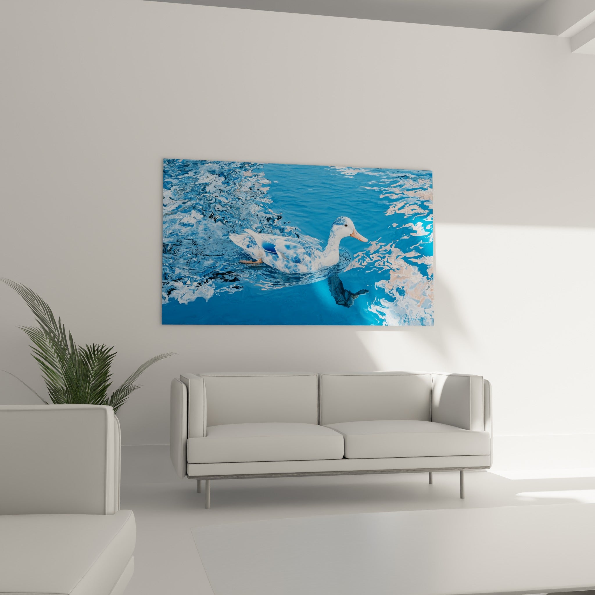 Silhouette d'un canard blanc tacheté bleu glissant sur une eau ocre, au-dessus d'un canapé dans un salon lumineux