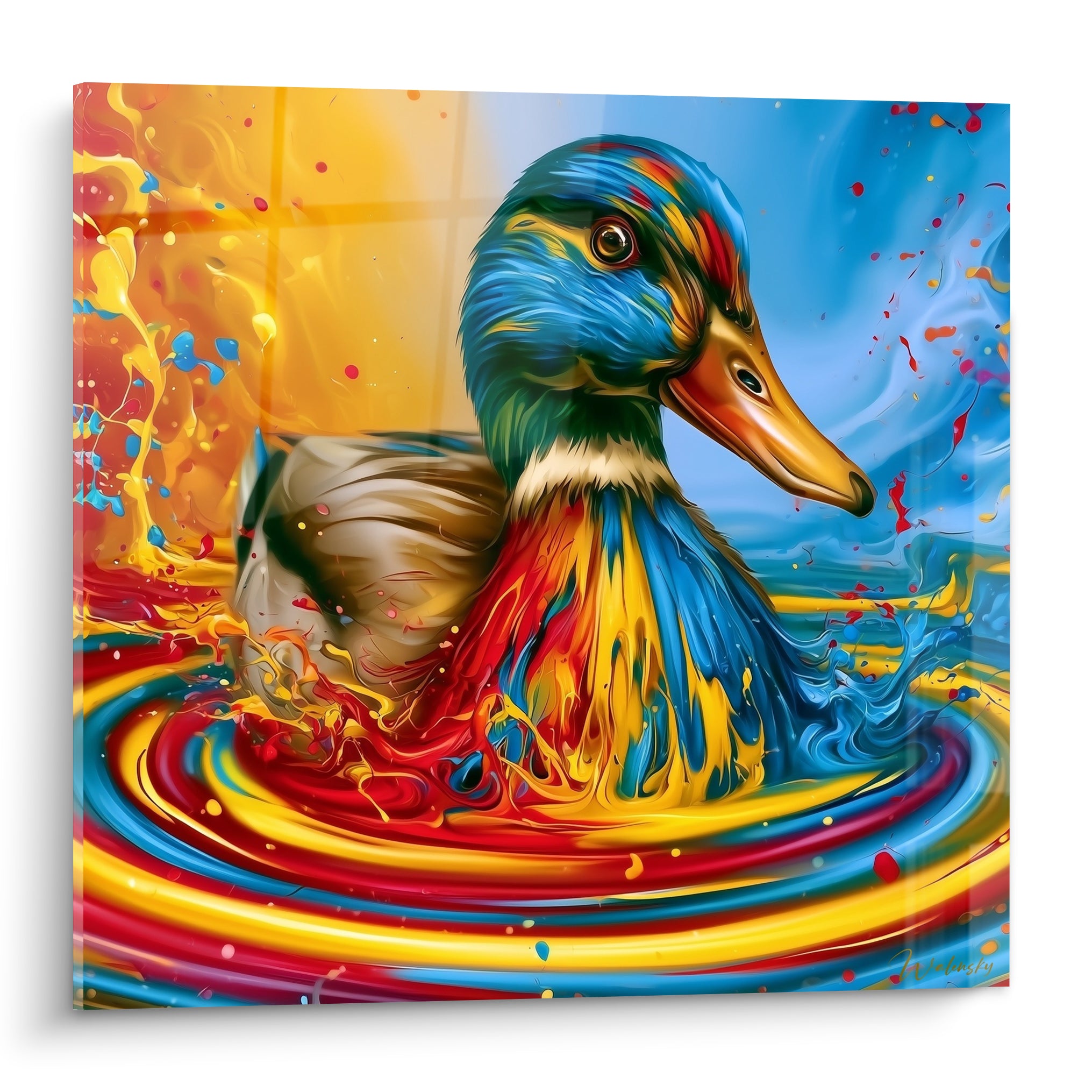 Canard aux plumes bleu et vert émergeant d'un tourbillon rouge et doré liquide