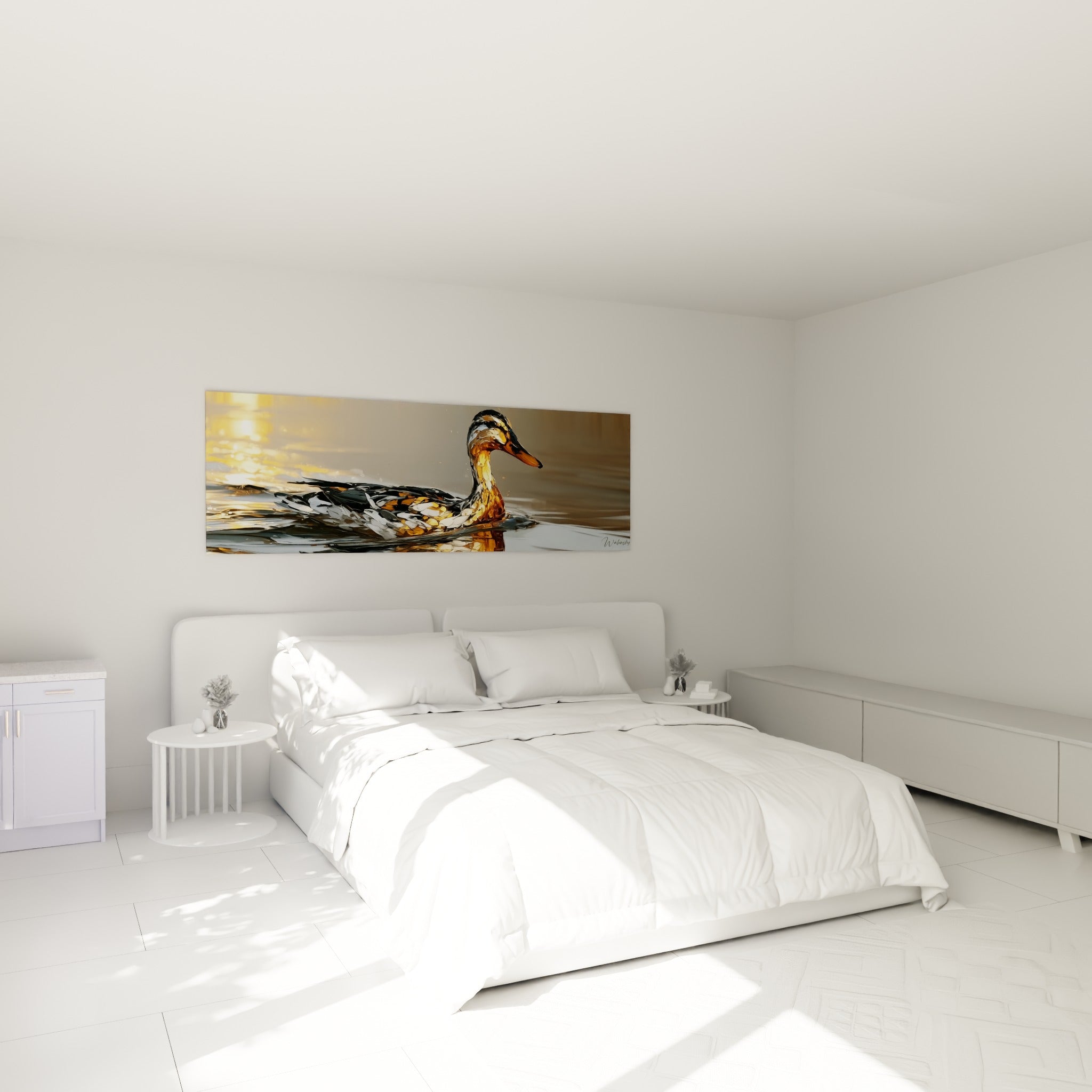 Canard doré aux plumes anthracite nageant, accroché au-dessus d'un lit dans une chambre claire