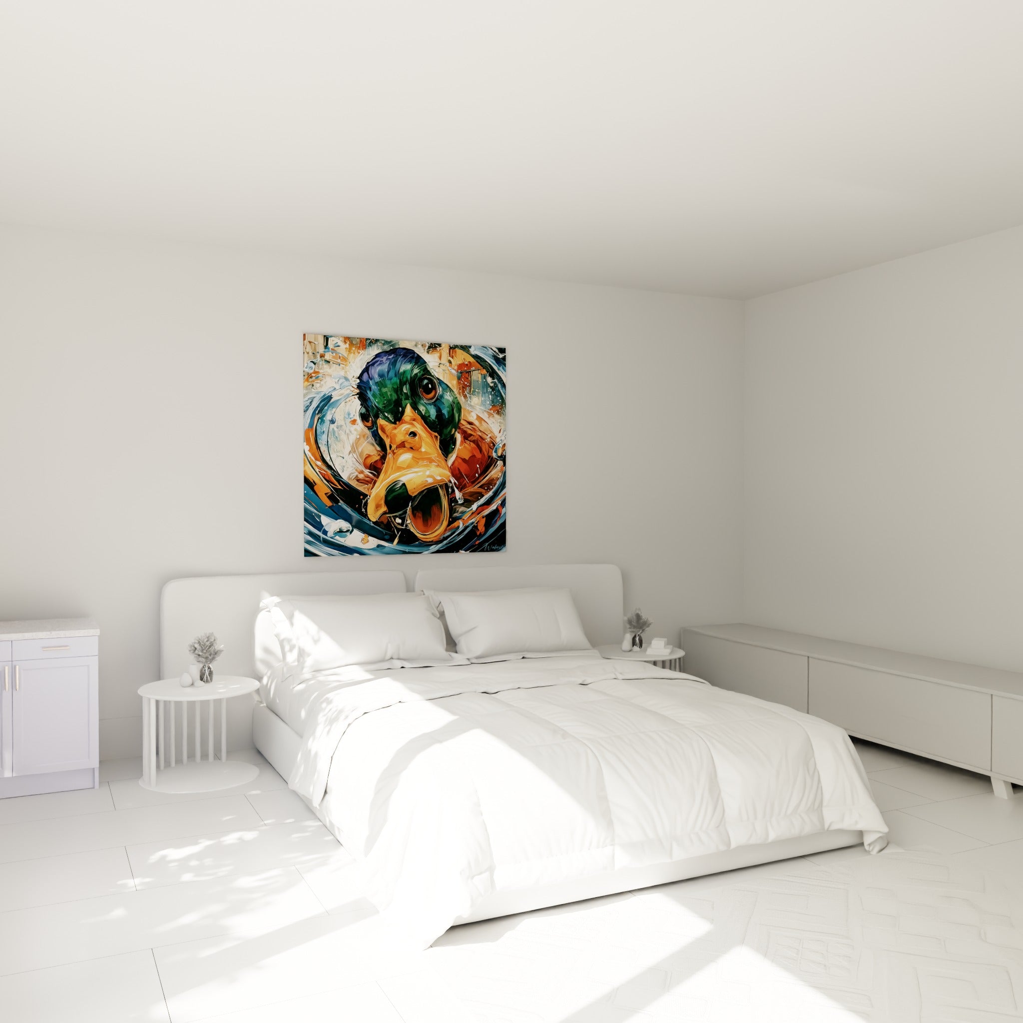 Regard perçant d'un canard émeraude et orange au-dessus d'un lit dans une chambre claire