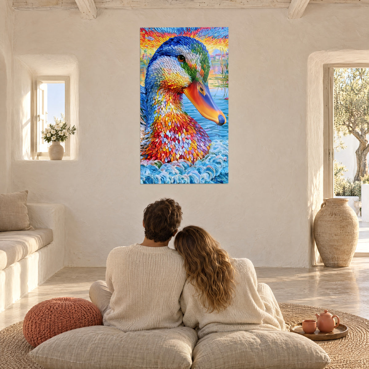 Gemälde Vogel mit rot, violett und gelb geschuppten Federn, orangefarbener Himmel, ein umschlungenes Paar von hinten auf Kissen im Wohnzimmer