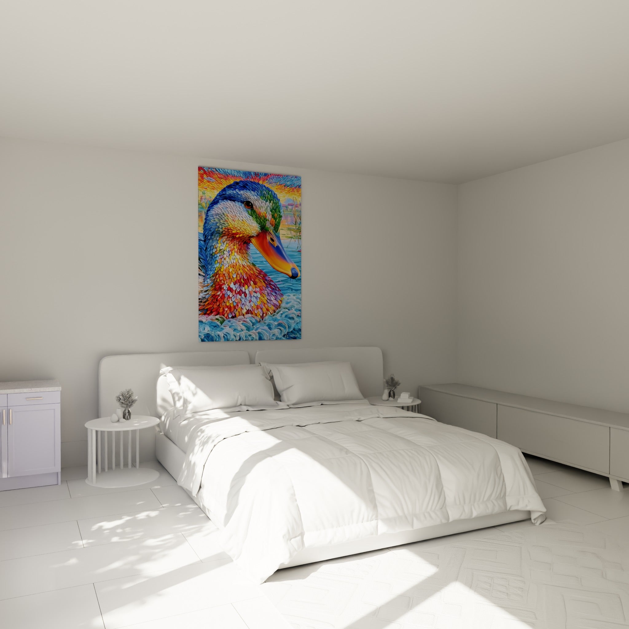 Plumage bleu marine et orangé du canard peint au-dessus d'un lit dans une chambre claire