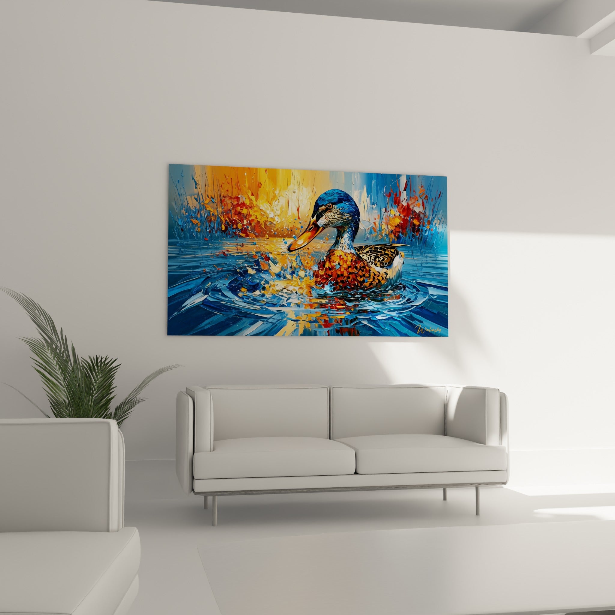 Canard aux plumes ocre et bleu marine sur eau vive, au-dessus d'un canapé dans un salon lumineux