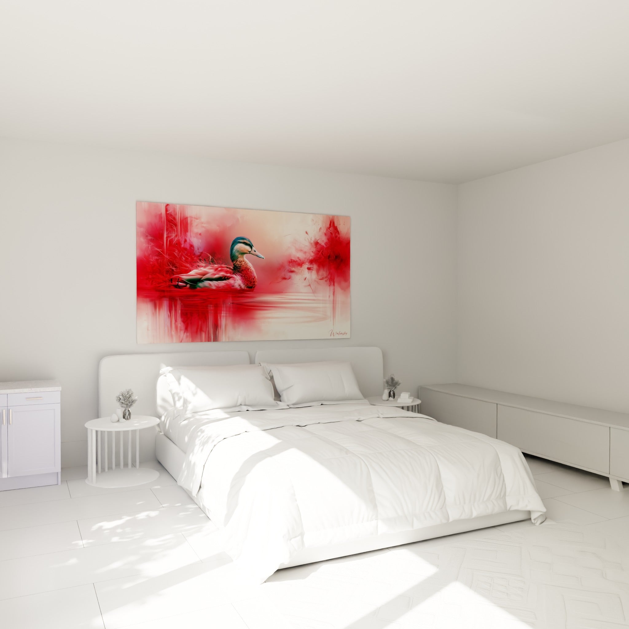 Silhouette du canard rouge et blanc au-dessus d'un lit dans une chambre claire et épurée.