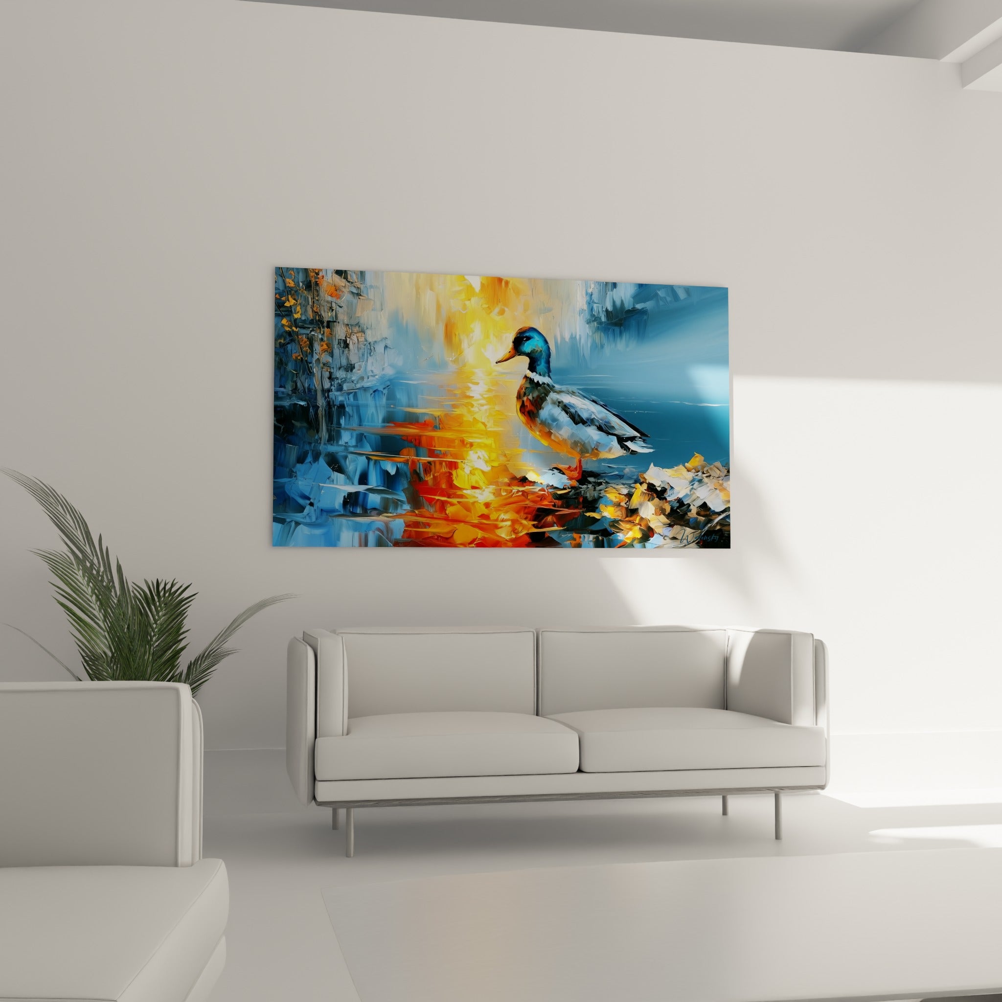Oiseau aquatique bleu et doré, reflets flamboyants sur l'eau, au-dessus d'un canapé dans un salon lumineux