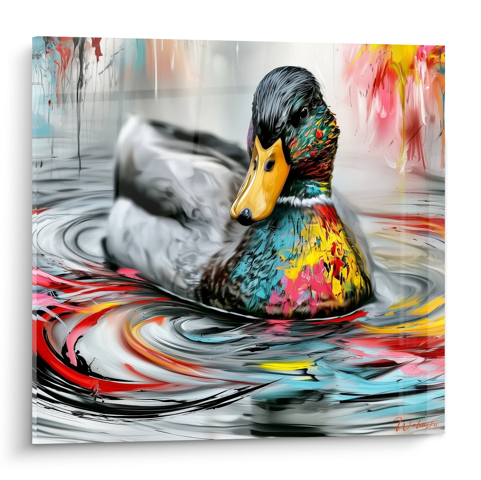 Canard au plumage turquoise et rose, bec doré brillant, éclaboussures rouges sur eau grise agitée