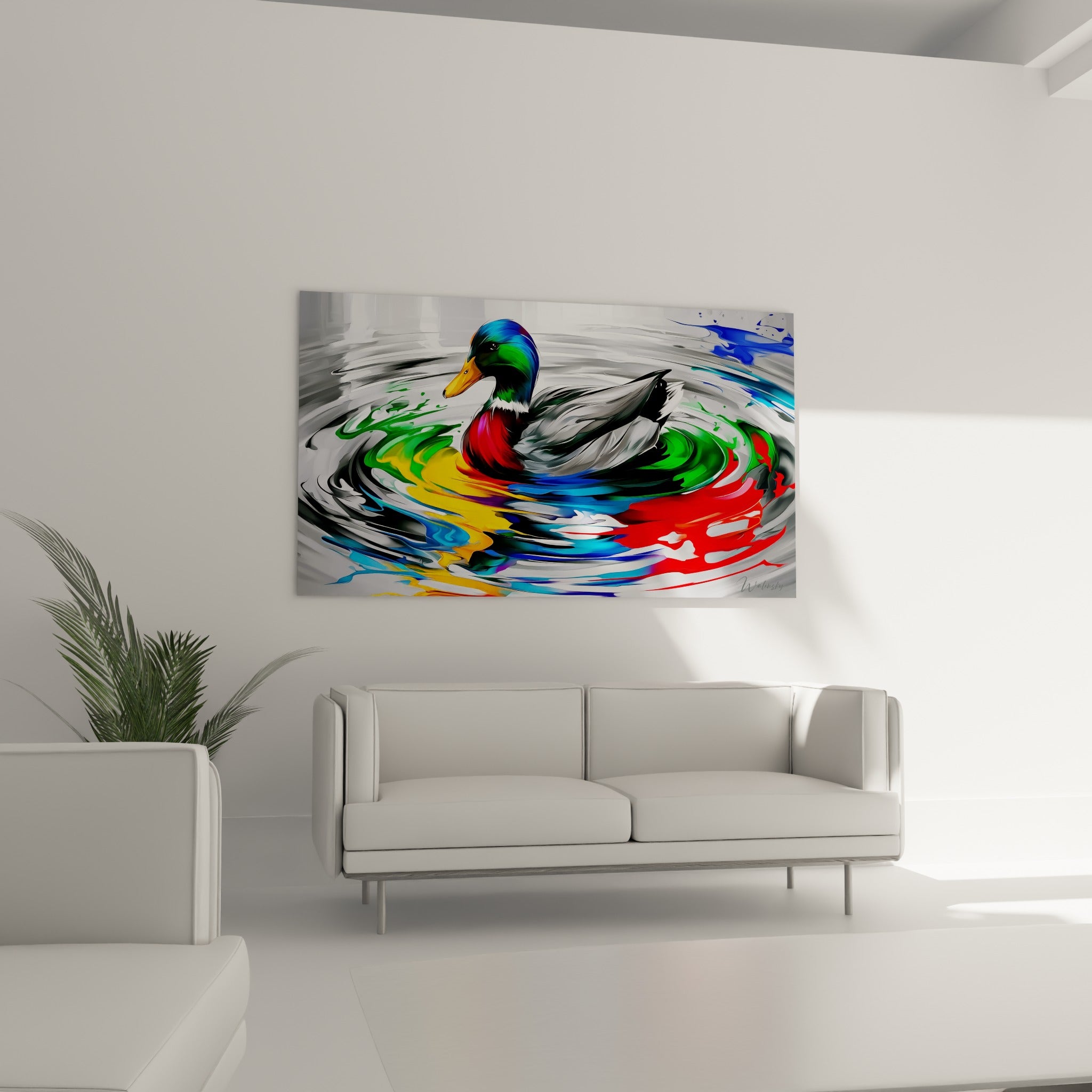 Volatile au plumage gris et vert nageant dans un tourbillon coloré au-dessus d'un canapé dans un salon lumineux