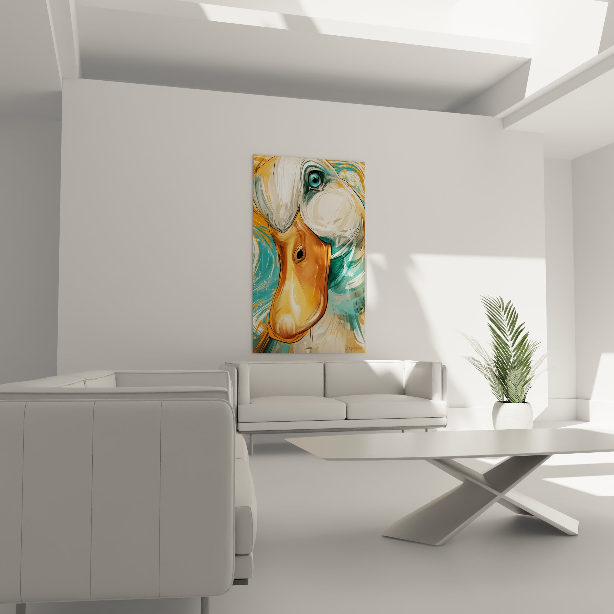 Tête de canard au bec vernissé orange et plumage blanc esquissé, au-dessus d'un canapé dans un salon lumineux