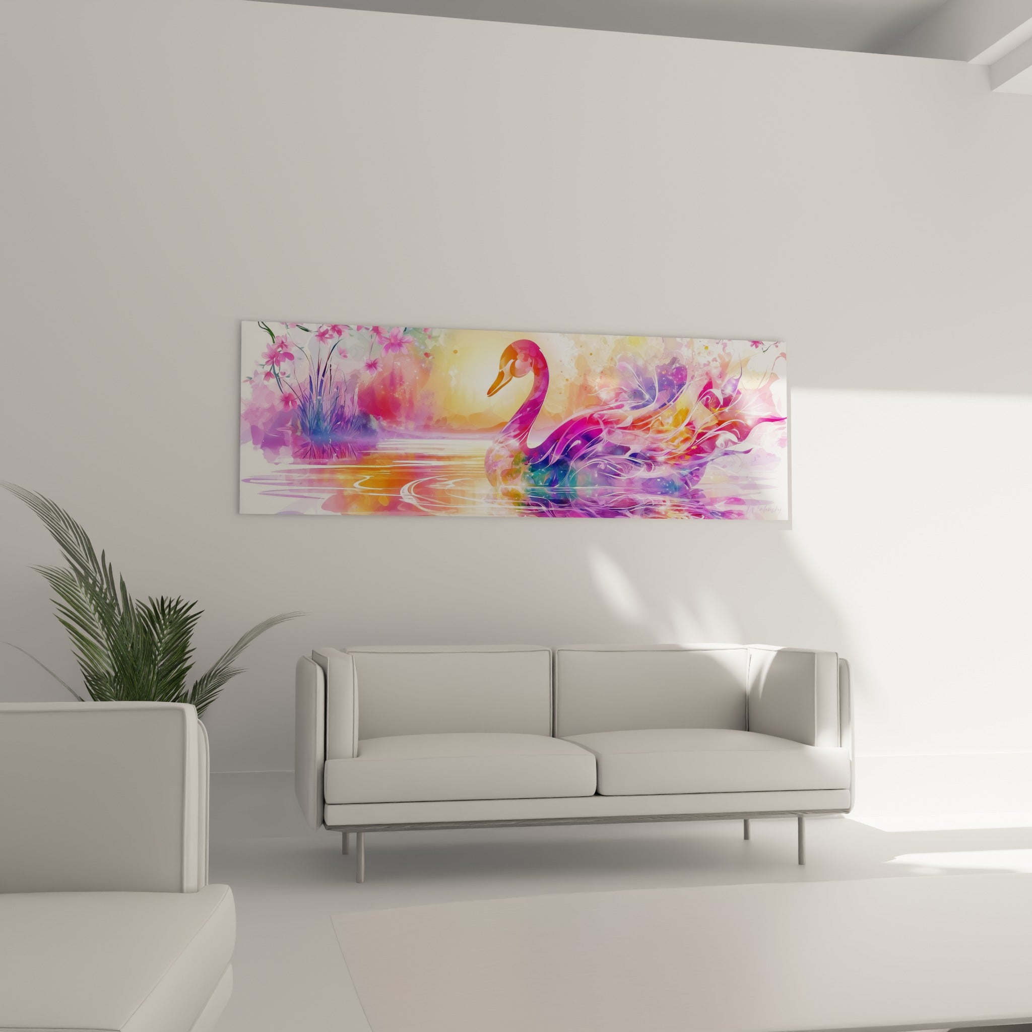 Silhouette gracieuse du cygne orangé et violet posée au-dessus d'un canapé dans un salon lumineux