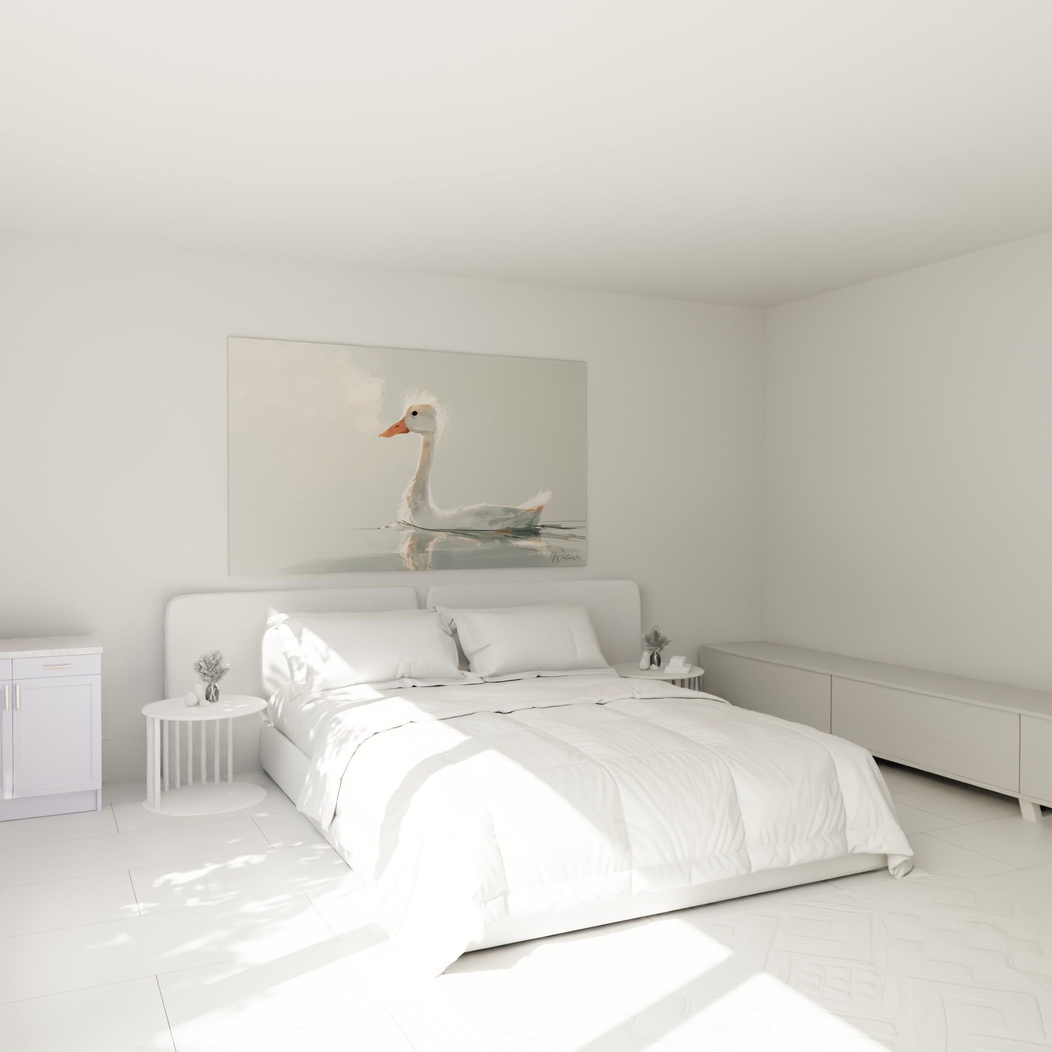 Silhouette d'un canard blanc et gris glissant sur l'eau, accrochée au-dessus d'un lit dans une chambre claire