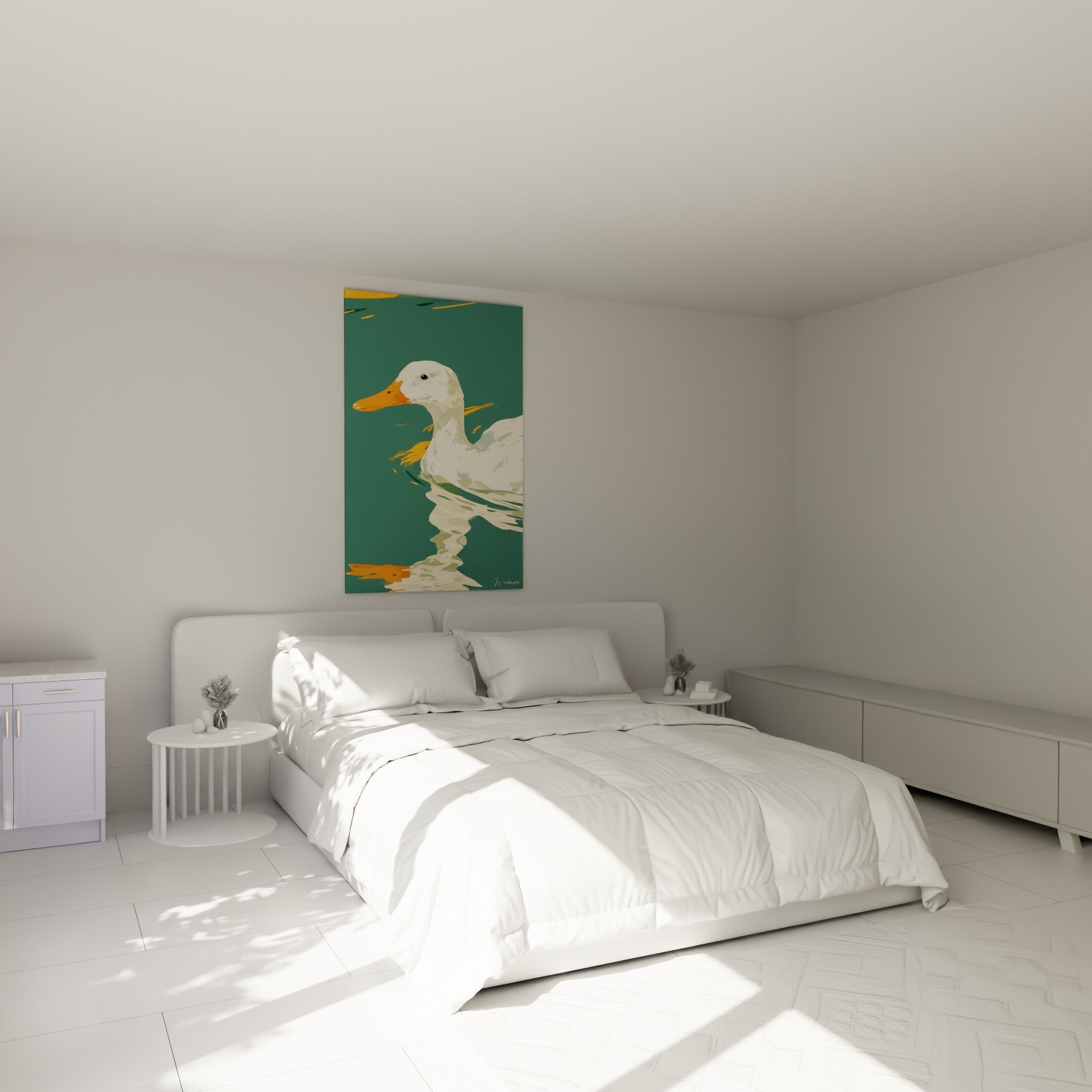 Canard blanc et orange sur fond turquoise, accroché au-dessus d'un lit dans une chambre claire