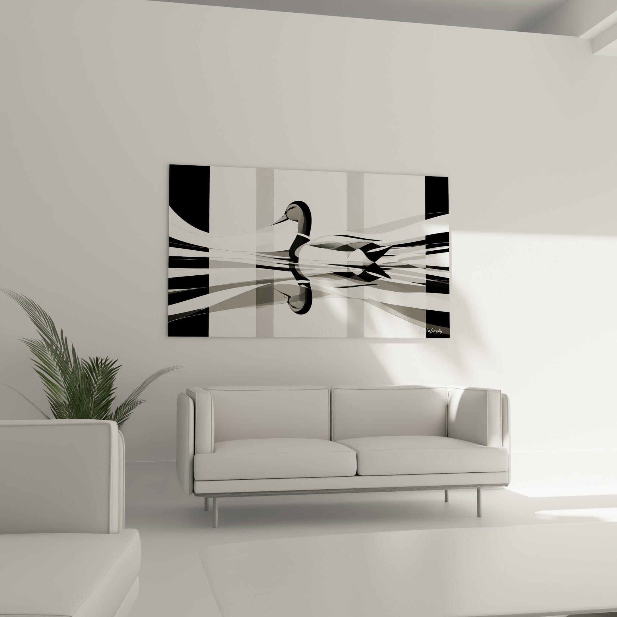 Reflet du canard anthracite ondulant sur fond gris clair, placé au-dessus d'un canapé dans un salon lumineux