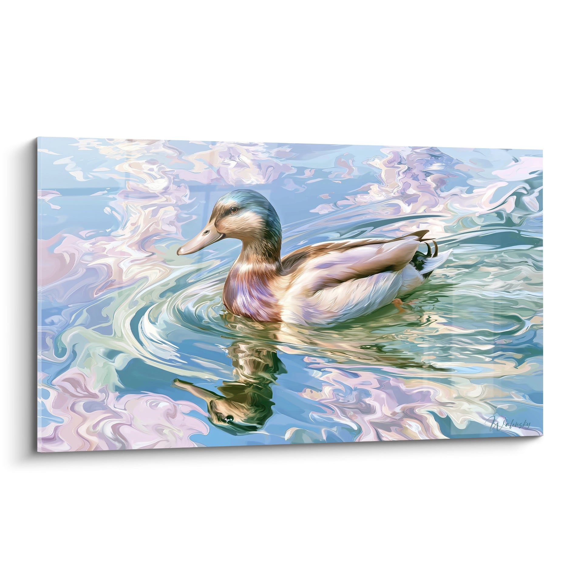 Canard aux plumes bleu et rose glissant sur une eau tourbillonnante pastel et crème
