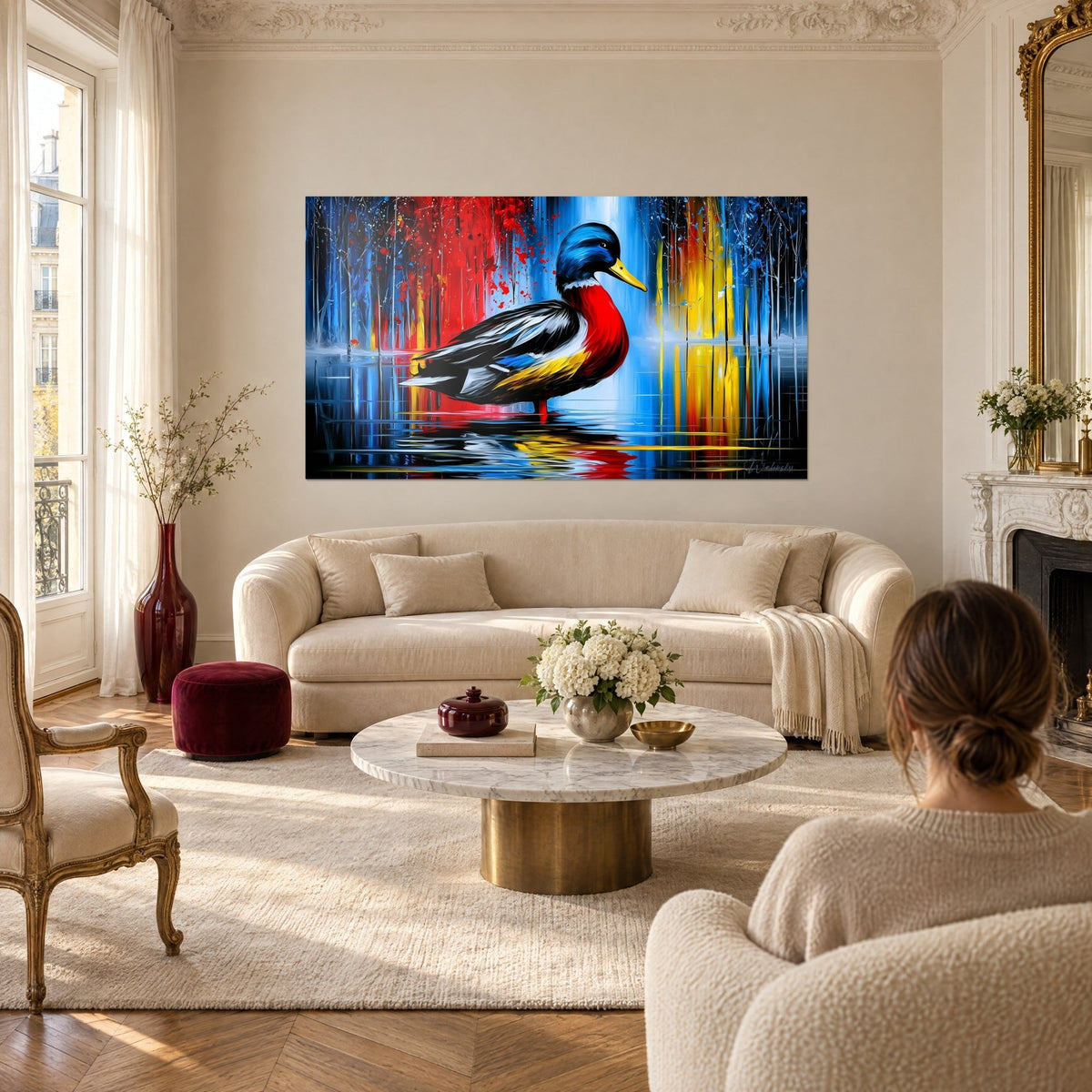 Quadro germano reale con testa blu e petto rosso, riflessi gialli sull'acqua, sopra un divano in un soggiorno luminoso