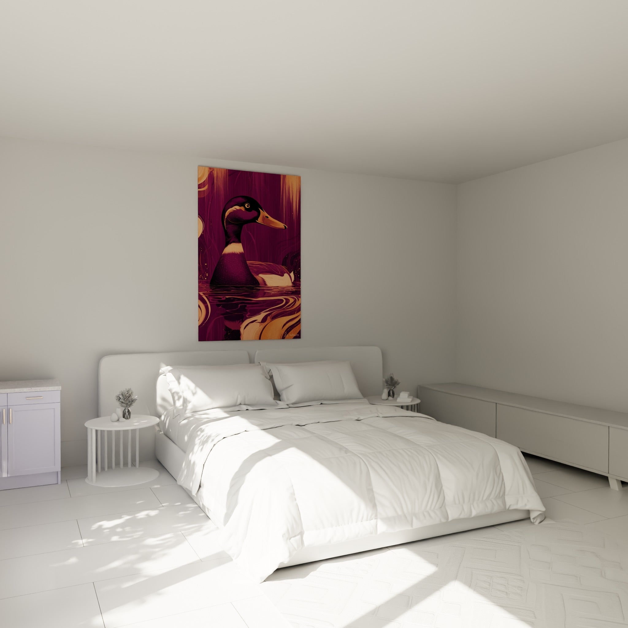 Silhouette de canard aux teintes violettes et cuivrées au-dessus d'un lit dans une chambre claire
