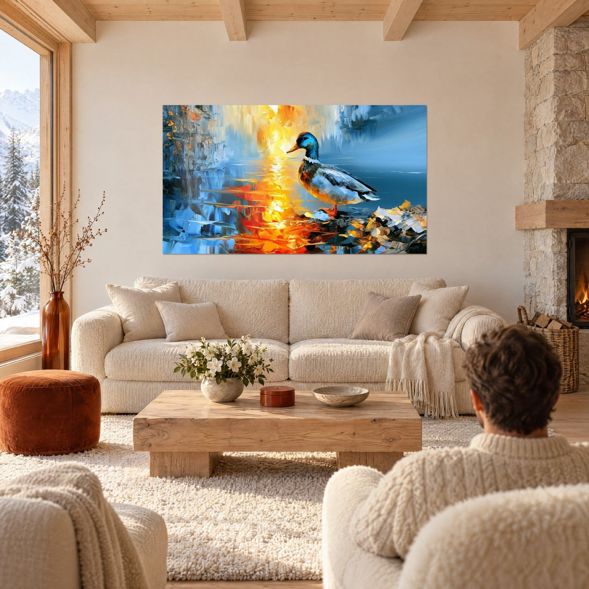 Tableau colvert à tête bleu turquoise sur un rocher, reflet orange brasier dans l'eau, au-dessus d'un canapé dans un salon lumineux