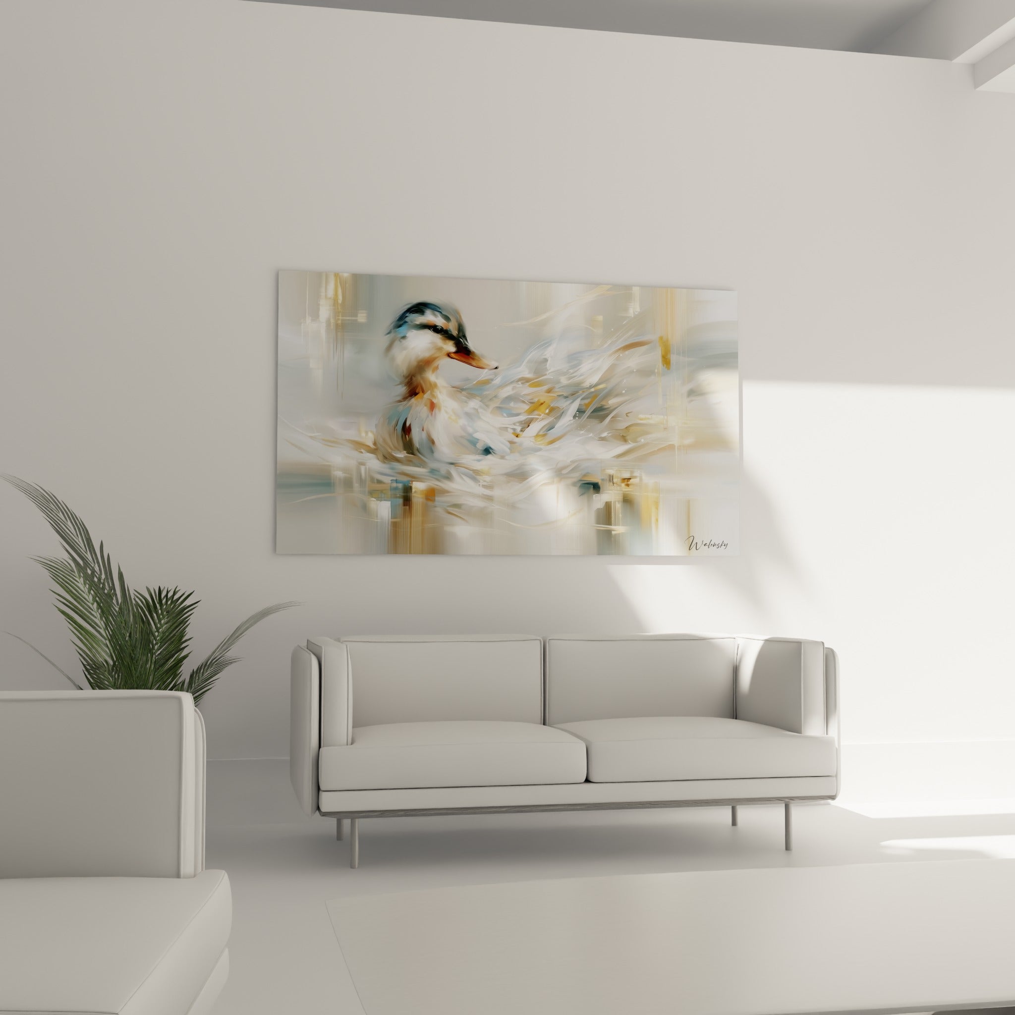 Canard flottant entre vagues dorées et bleu pastel, au-dessus d'un canapé dans un salon lumineux