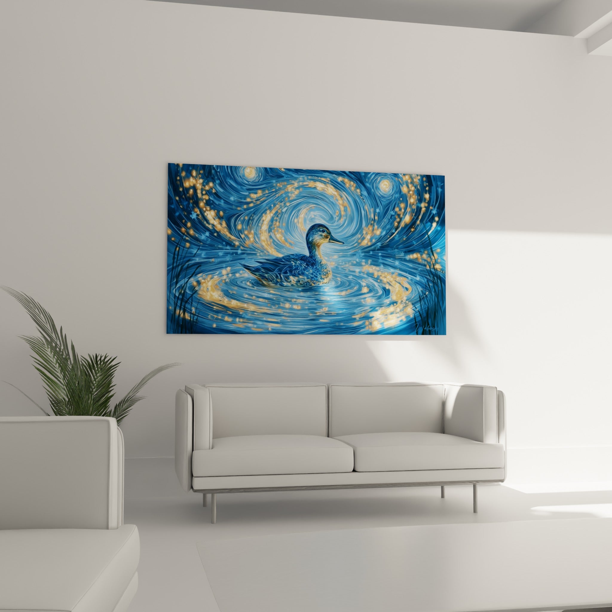 Silhouette de canard bleu marine entourée de reflets dorés tourbillonnants, au-dessus d'un canapé dans un salon lumineux