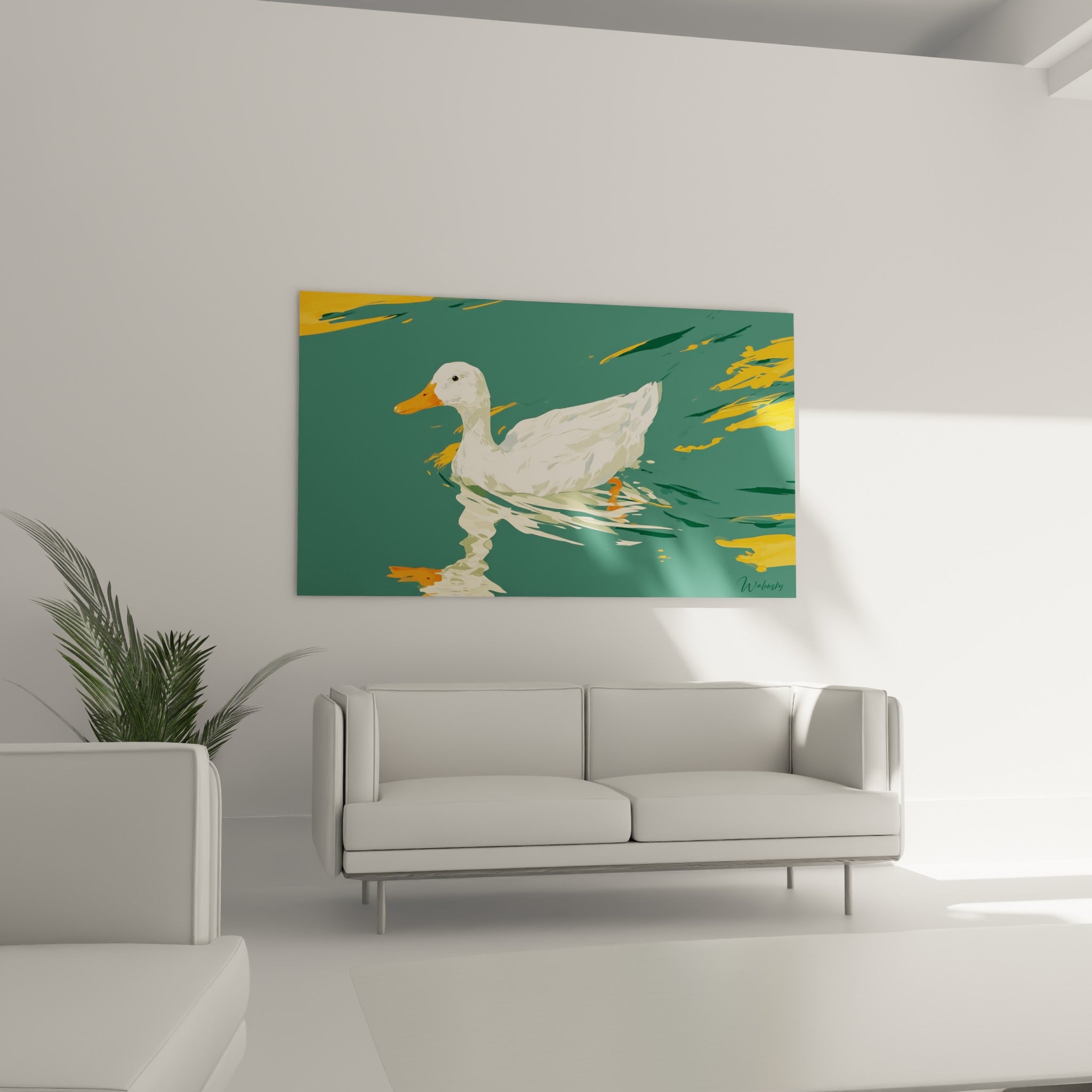 Canard nageant sur fond vert émeraude et jaune doré, au-dessus d'un canapé dans un salon lumineux